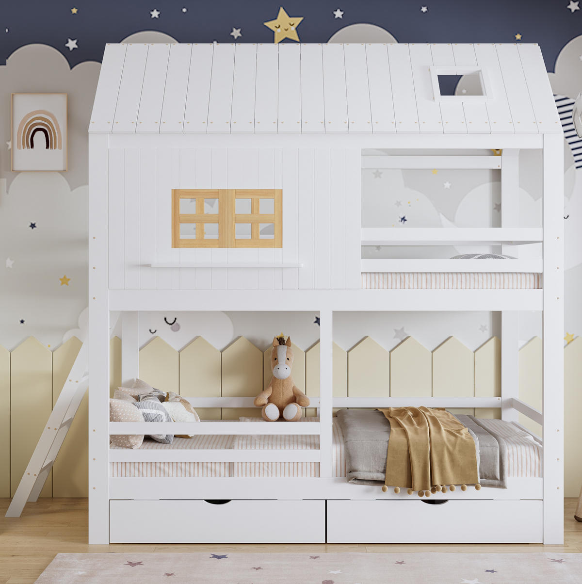 ETAGENBETT aus Kiefer und MDF 90x200 cm Weiß/Natur mit Dach, Fenstern, 2 Schubladen und Leiter - Weiß, Holzwerkstoff (90/200cm) - Modfu