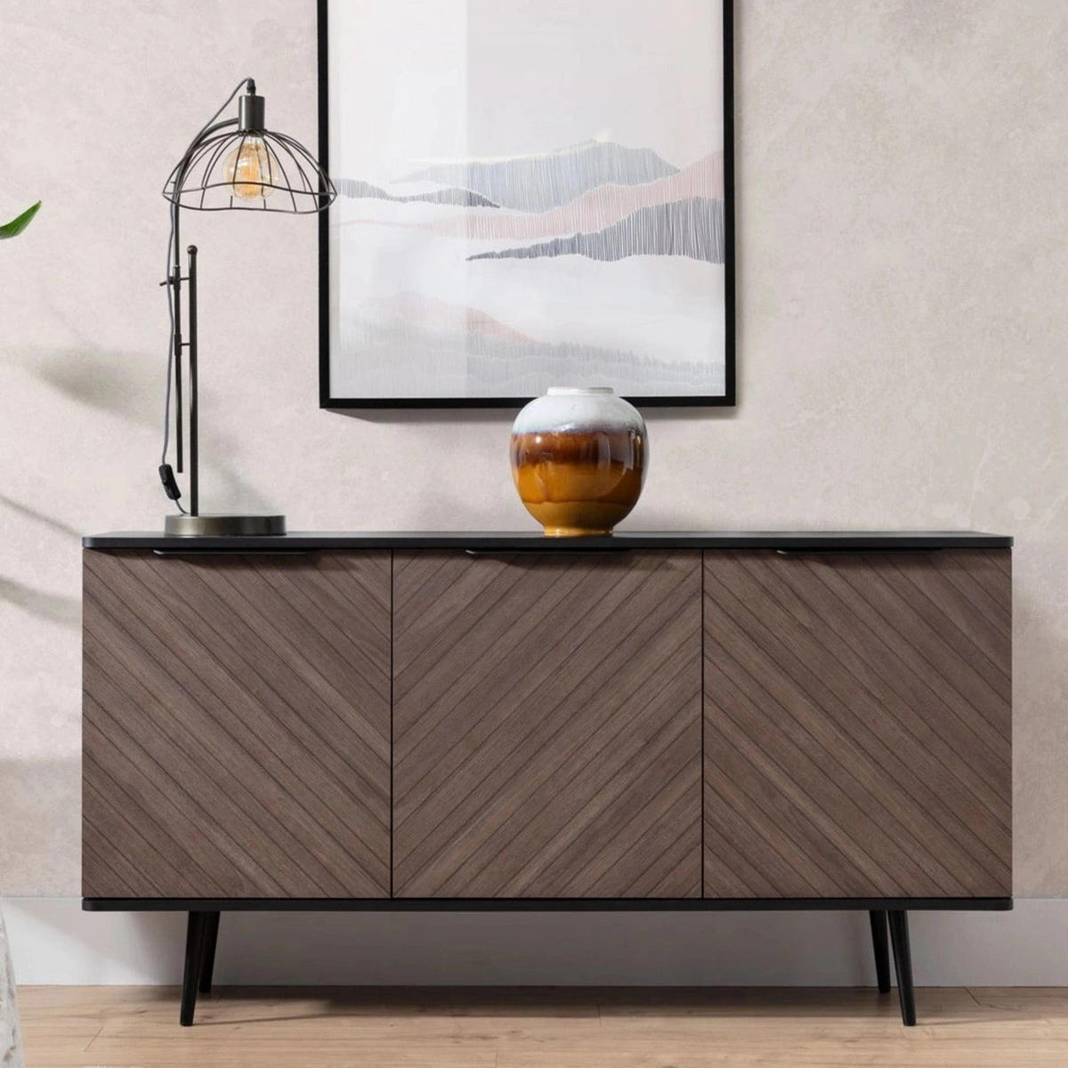 SIDEBOARD Pinelli 150 cm breite 3-türig mit Metallfüße - Schwarz/Braun, Holzwerkstoff/Metall (150/80/41cm) - Ravio