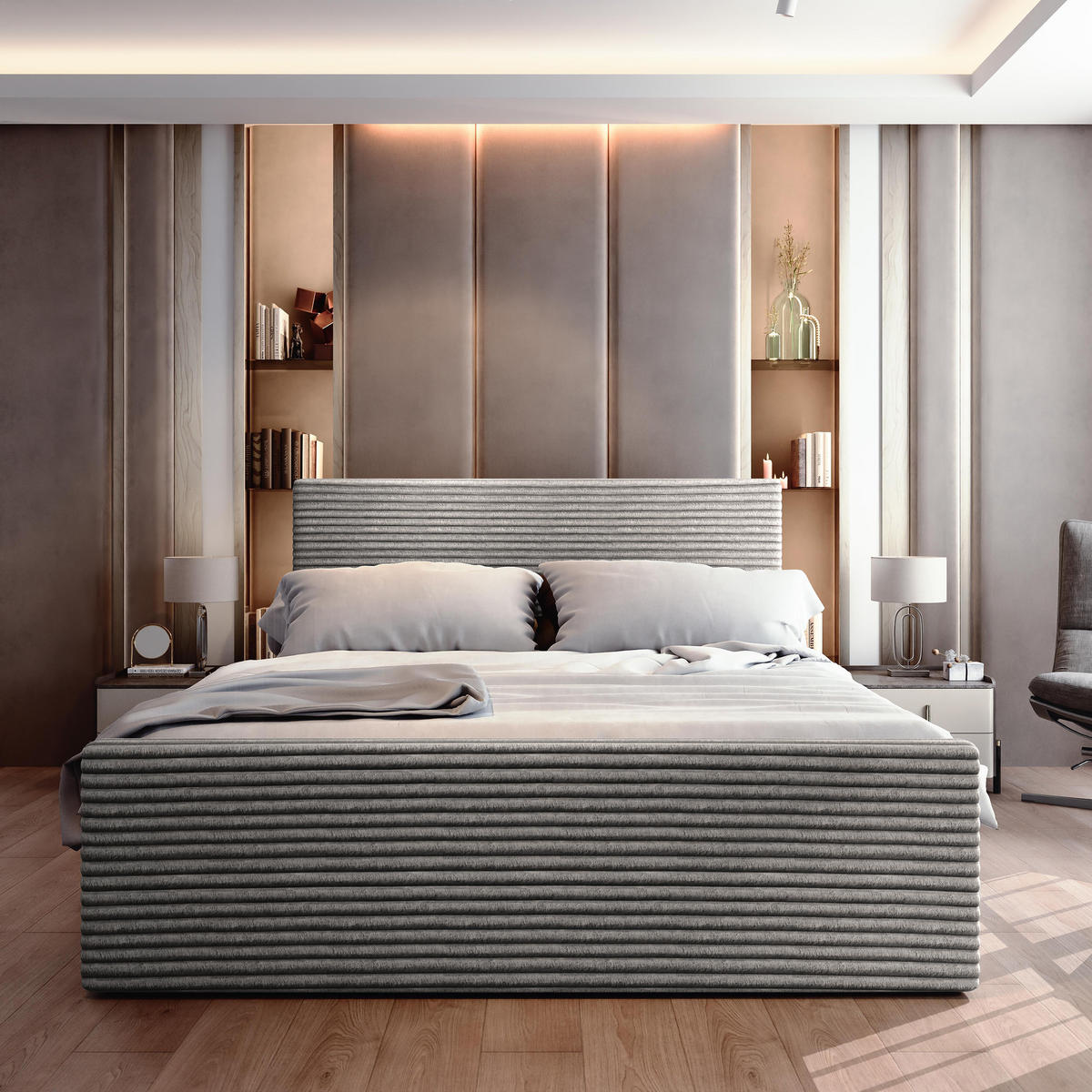 BOXBETT BRENTO 140x200 cm mit Matratze und Topper - Hellgrau - Hellgrau, Holz (140/200cm) - MASSENO