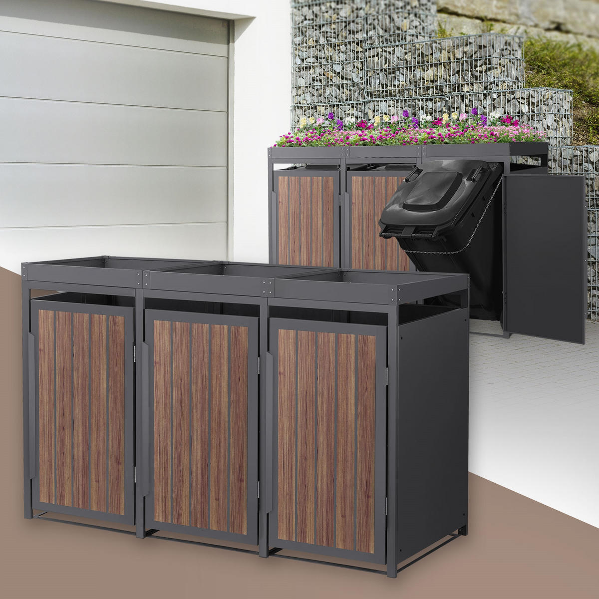 MÜLLTONNENBOX 3er mit Pflanzdach 240L Anthrazit-Holzoptik aus Stahl - Dunkelbraun, Metall (80/124/196cm) - ML-DESIGN