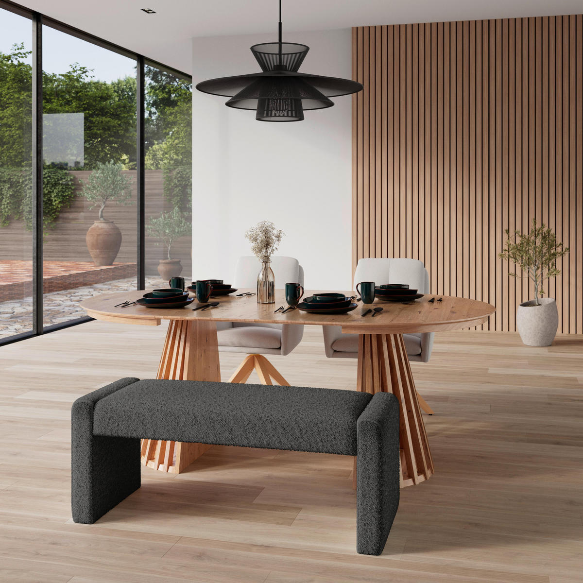 SITZBANK Andrea Grau Bouclé Gepolstert - Grau, Holz (123/50/45cm) - Bessagi Home