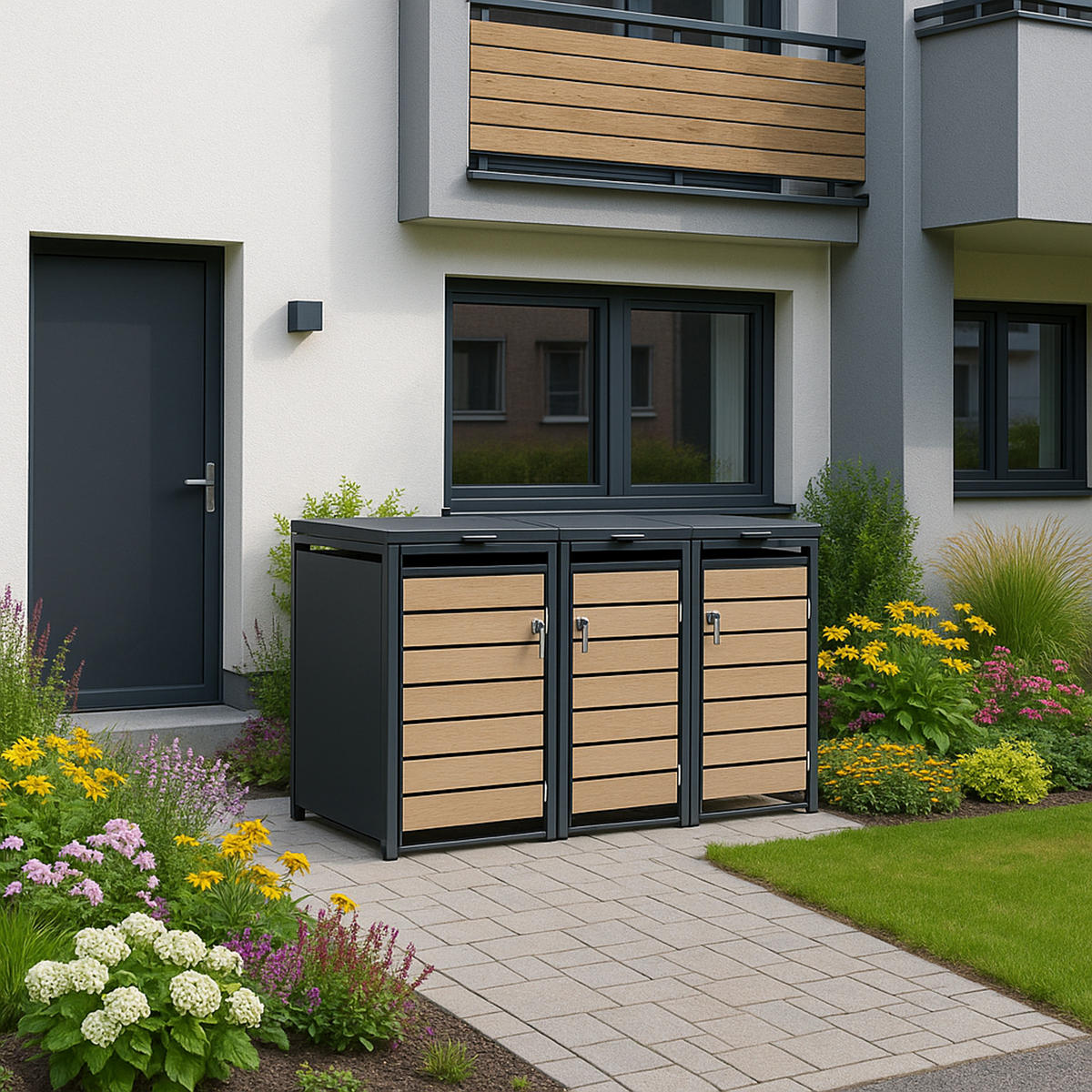 MÜLLTONNENVERKLEIDUNG Liverpool - Mülltonnenbox für 3 - in Holzoptik - , Stahl pulverbeschichtet verzinkt, anthrazit - Grau, Metall (198/116/80cm) - TPFGarden