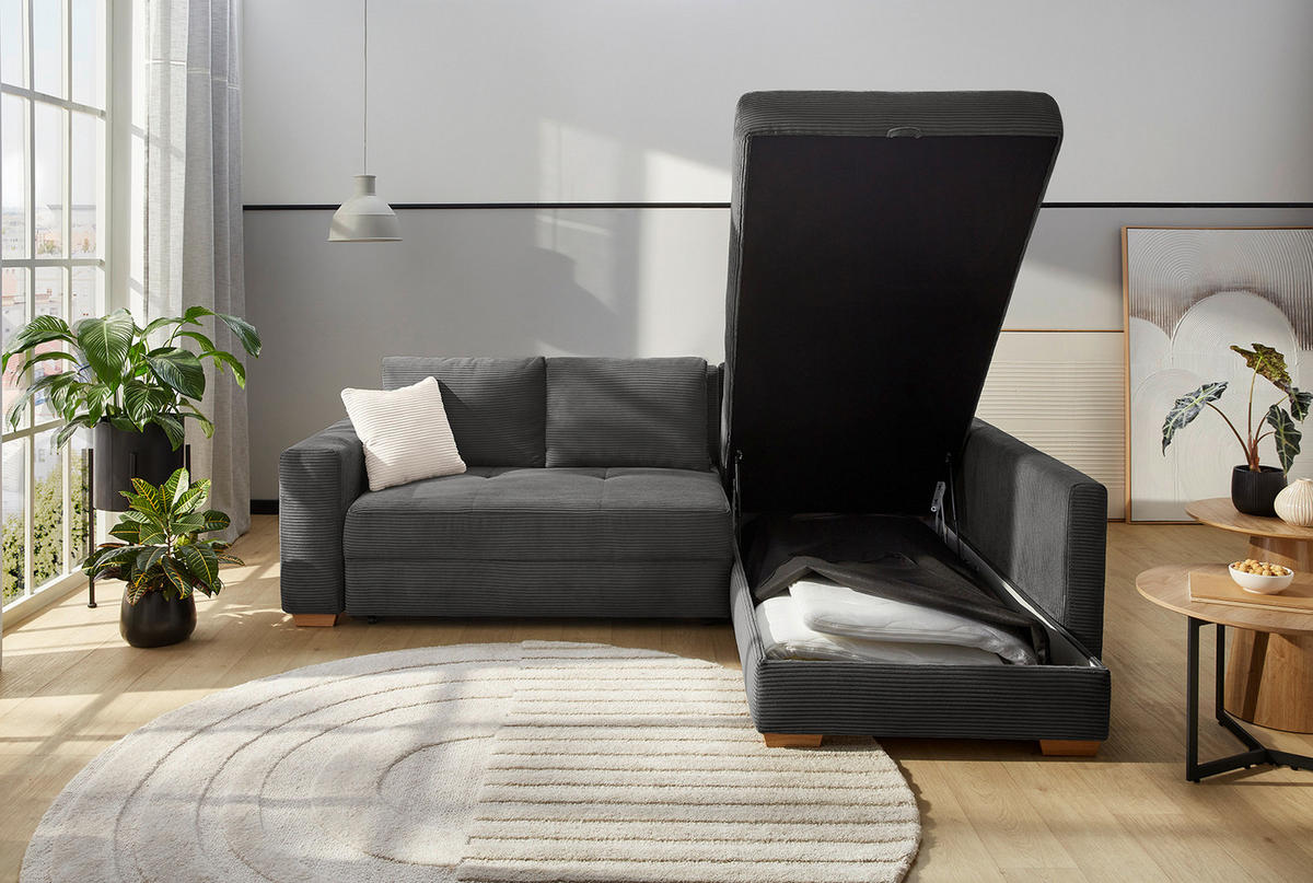 ECKSOFA-DAUERSCHLÄFER Boxspring Federkern Topper Bettkasten, seitenverkehrt montierbar B257/T206/H85 cm, Cord Grau Anthrazit / 15211 - Schieferfarben/Eichefarben, Holz/Textil (257/206cm) - luma-home