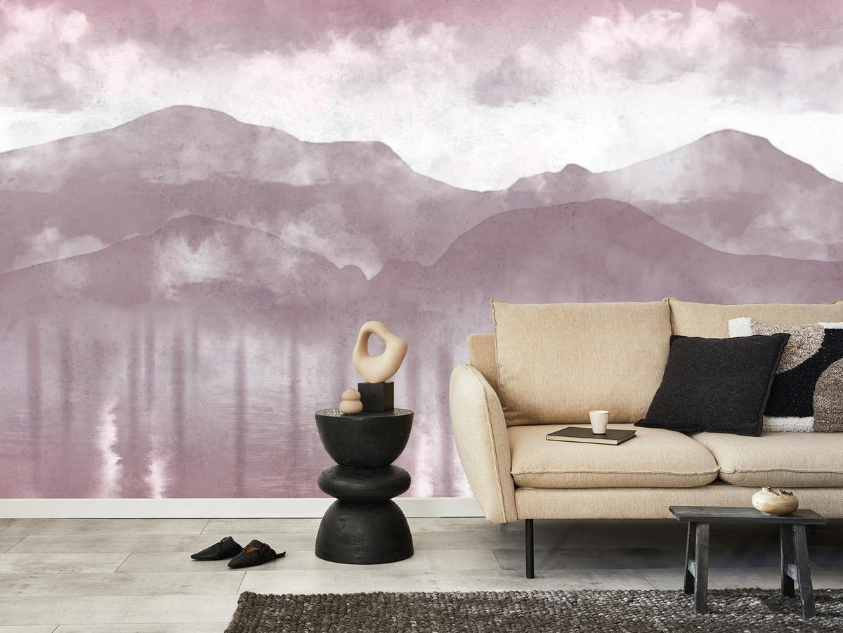 FOTOTAPETE für Wohnzimmer Neblige Berglandschaft Violet Bergpanorama Modern 500x350 - Violett/Rosa, Papier (500/350cm) - Muralo