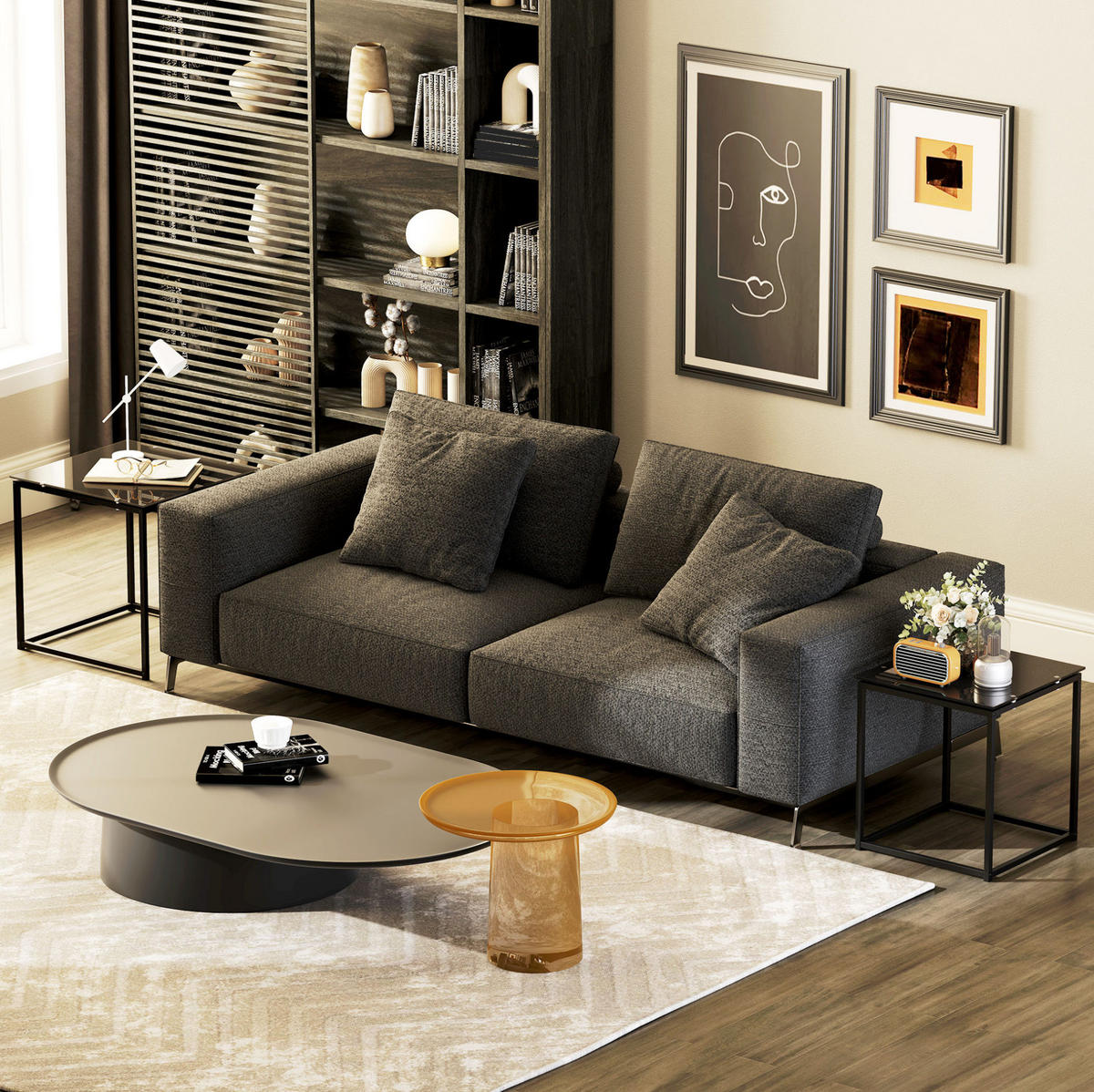 BEISTELLTISCH-2ER-SET 50/50/52 cm und 42/42/42 cm, stapelbar mit Glasplatte und Stahlrahmen, Schwarz - Schwarz, Metall (50/50/52cm) - Redom