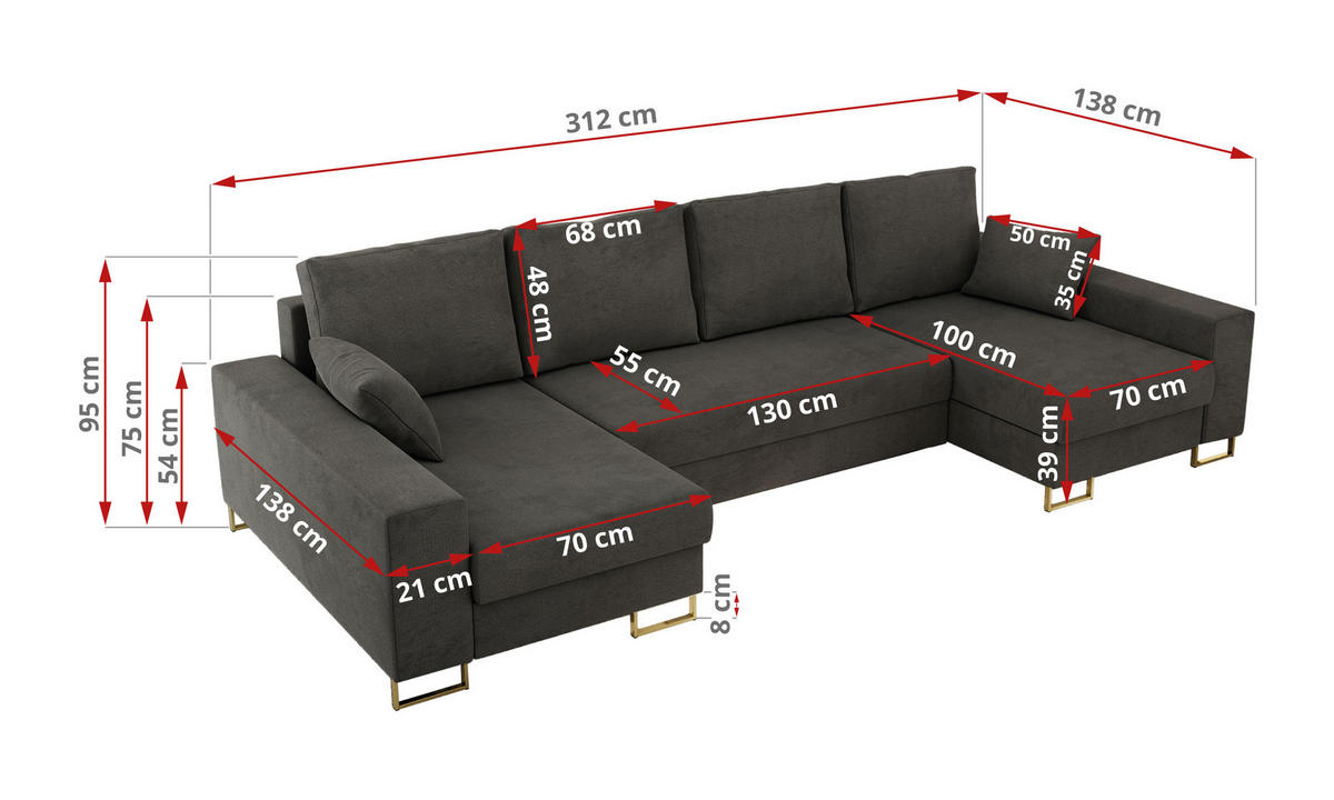 WOHNLANDSCHAFT DORIAN U Velvet Dunkelgrau - Dunkelgrau/Goldfarben, Textil/Metall (312/95/138cm) - MKS