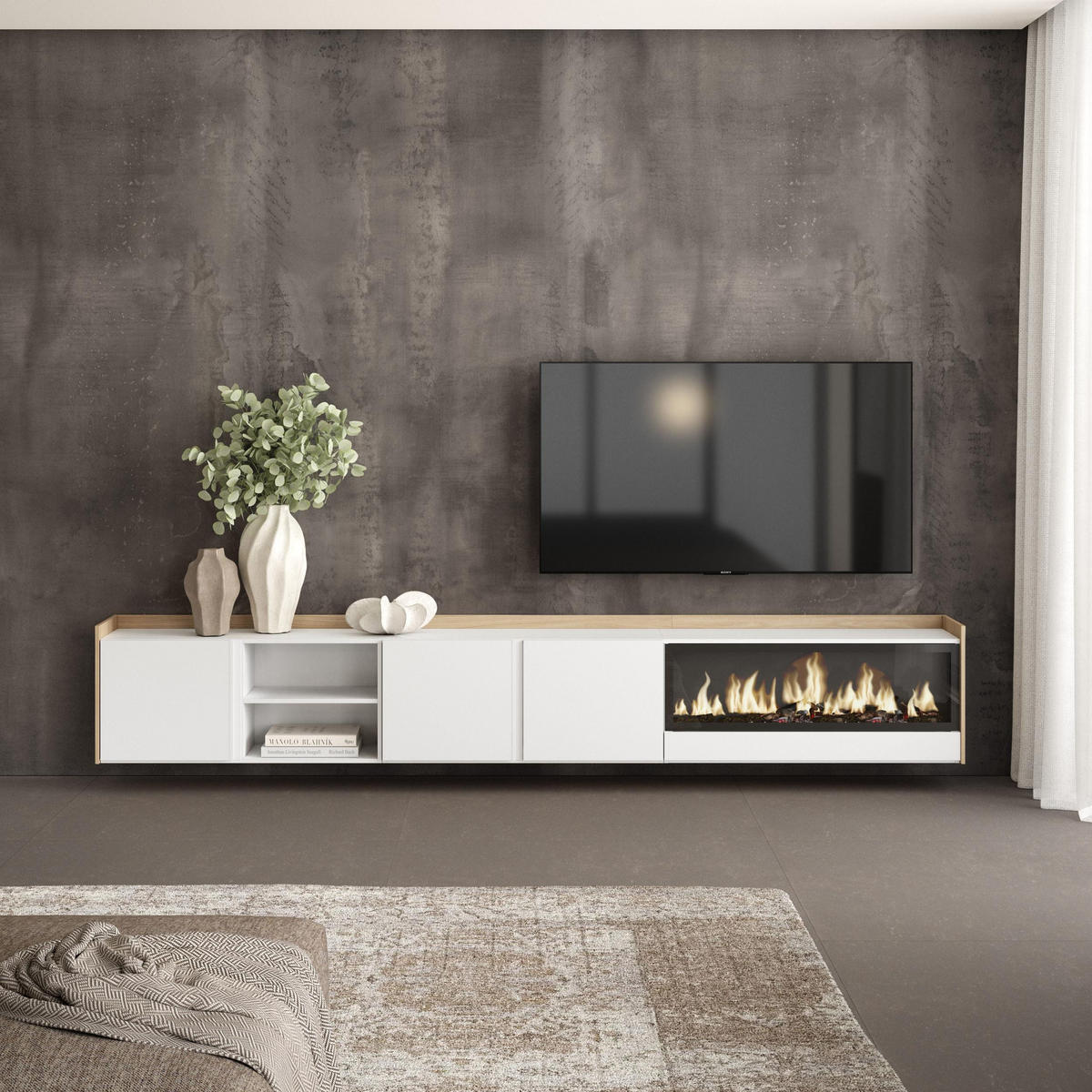 LOWBOARD, Weiß und Eiche, 315/35/50cm, Kamin mit Feuereffekt XXL - Weiß, Holzwerkstoff (315/50/35cm) - Skraut Home
