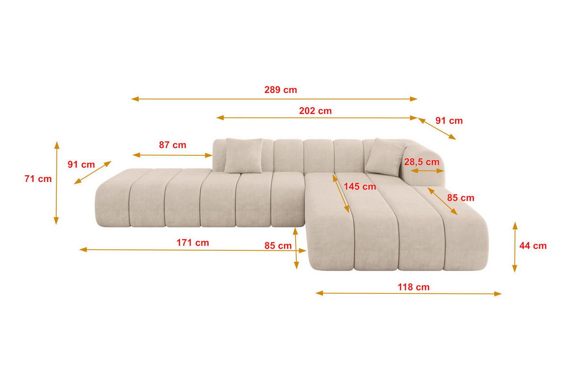 ECKSOFA Ottomane Rechts BILA-L 289x176x71 Beige Samt - Beige/Schwarz, Holzwerkstoff/Kunststoff (289/176cm) - ALTDECOR