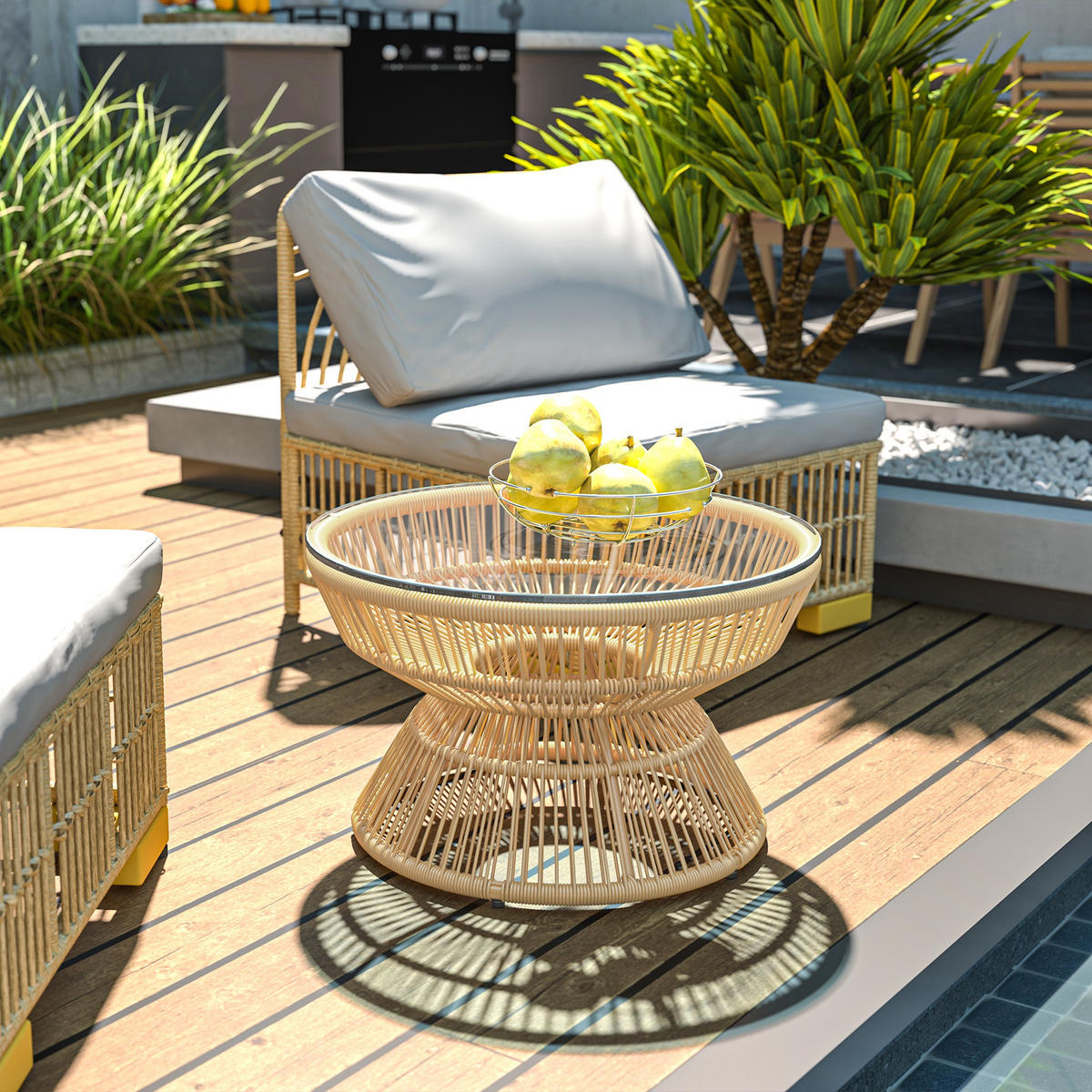 GARTENBEISTELLTISCH DE-13586 rund mit Glasplatte Natur - Naturfarben, Kunststoff/Metall (60/60/37cm) - ComfortXL