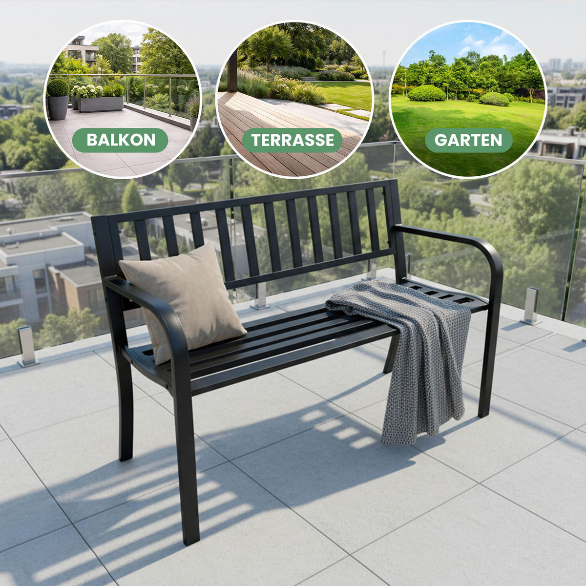 GARTENBANK LINEA Schwarz 119 x 76 x 51 cm - Schwarz, Metall (119/76/51cm) - Akord