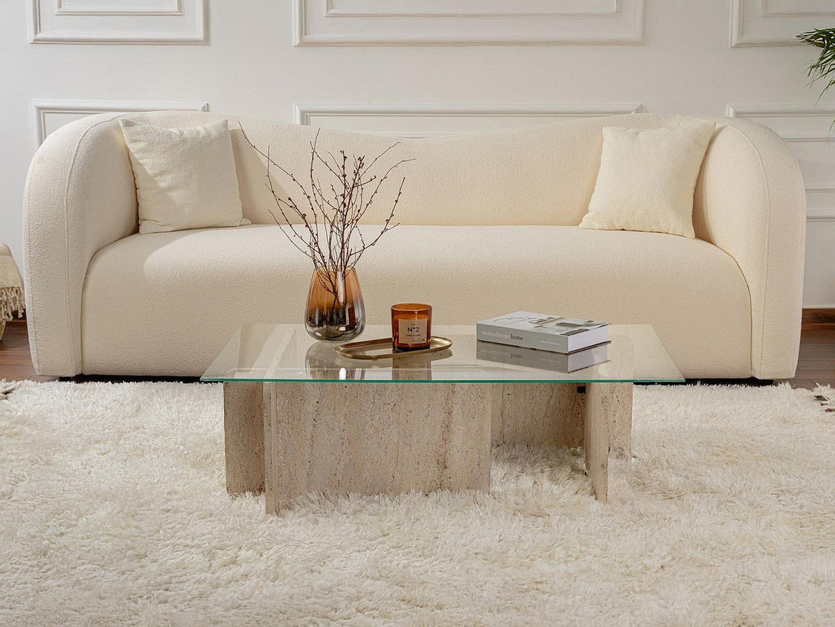 COUCHTISCH - Sicherheitsglas - Travertin-Optik - Beige & Transparent - AZRA - Transparent/Creme, Holz (65/105/30cm) - Vente-Unique