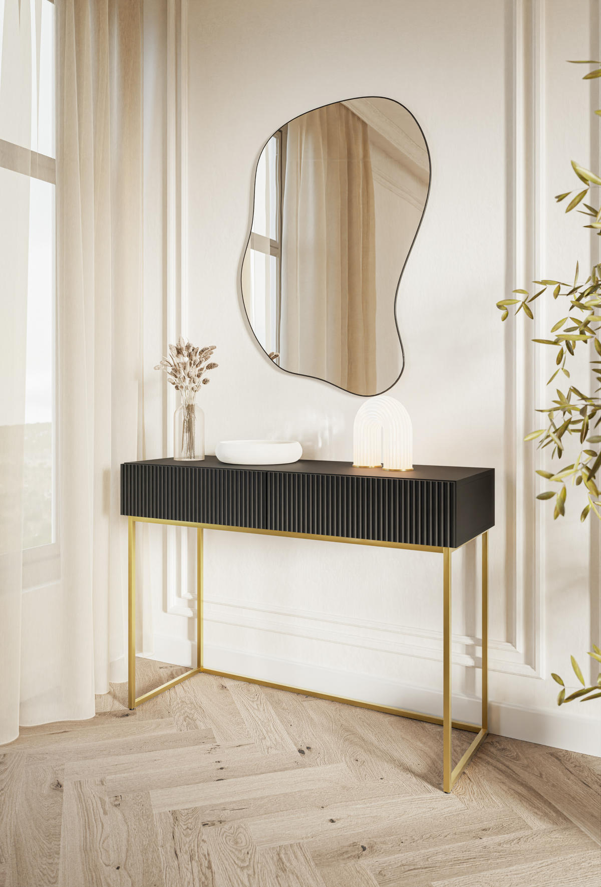 SCHMINKTISCH Veldio Schwarz mit goldenen Beinen 110 cm - Goldfarben/Schwarz, Holzwerkstoff/Metall (110/79/40cm) - Selsey