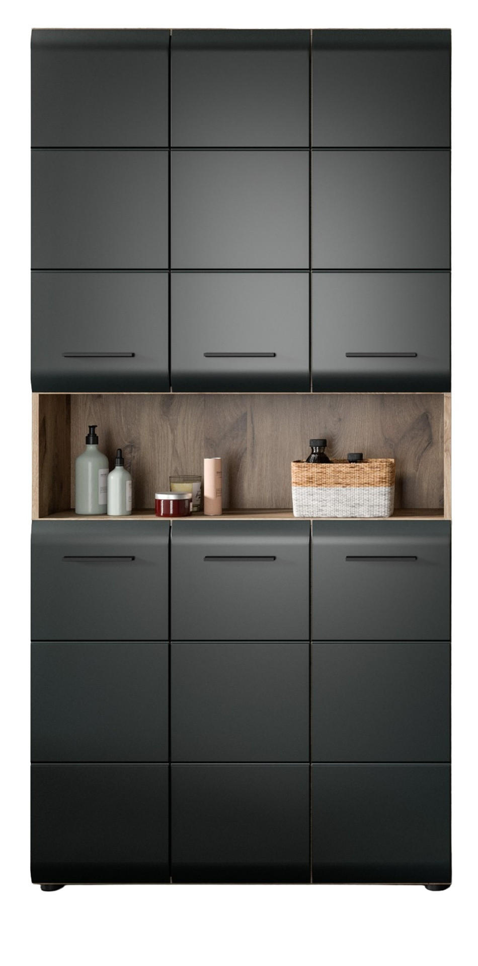 HOCHSCHRANK schwarz matt, Eiche, Badschrank Mehrzweckschrank 6-türig 90 x 185 cm - Eichefarben/Schwarz, Holzwerkstoff/Kunststoff (90/185/30cm) - Inn.Furn