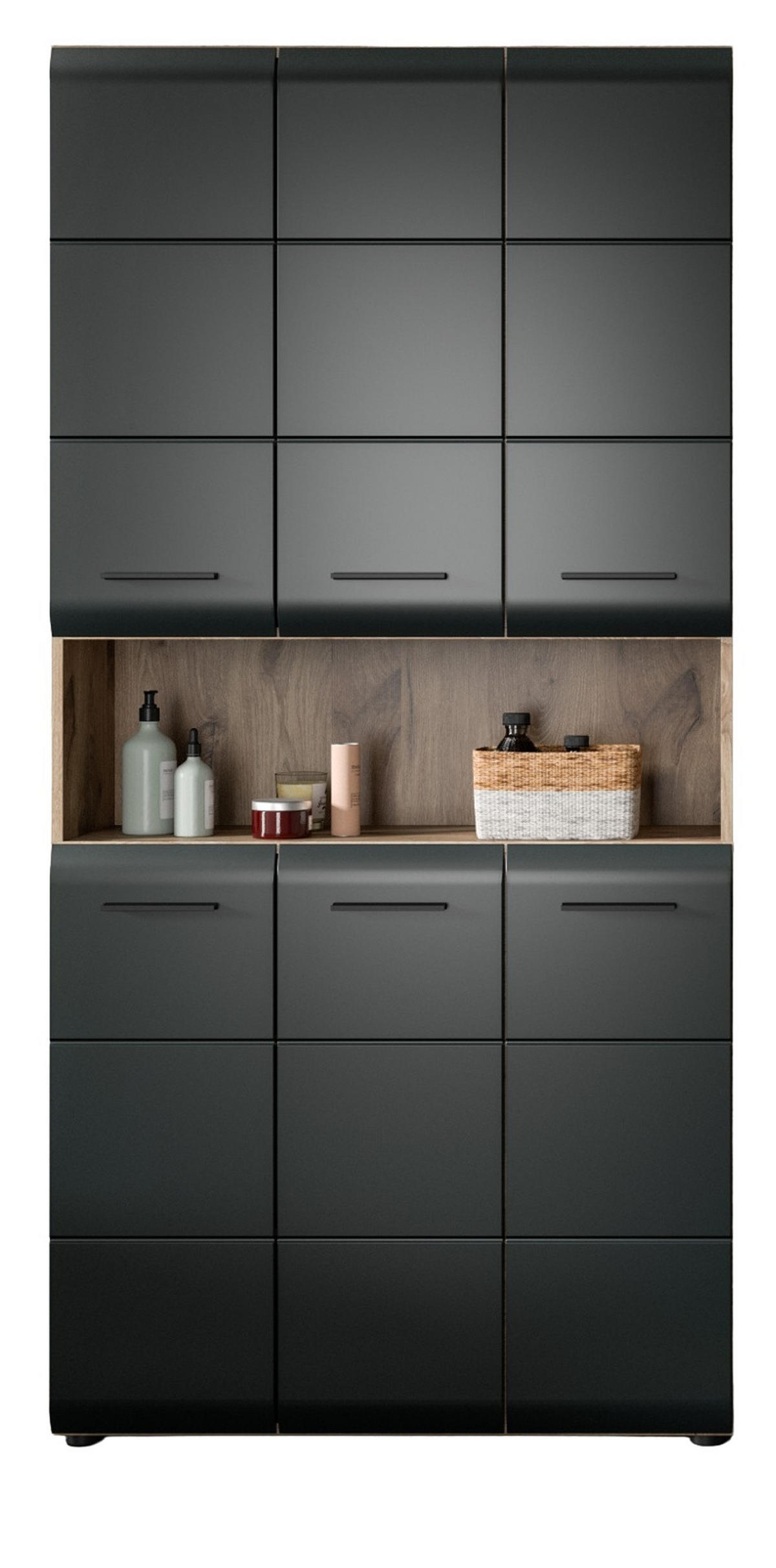 HOCHSCHRANK schwarz matt, Eiche, Badschrank Mehrzweckschrank 6-türig 90 x 185 cm - Eichefarben/Schwarz, Holzwerkstoff/Kunststoff (90/185/30cm) - Inn.Furn