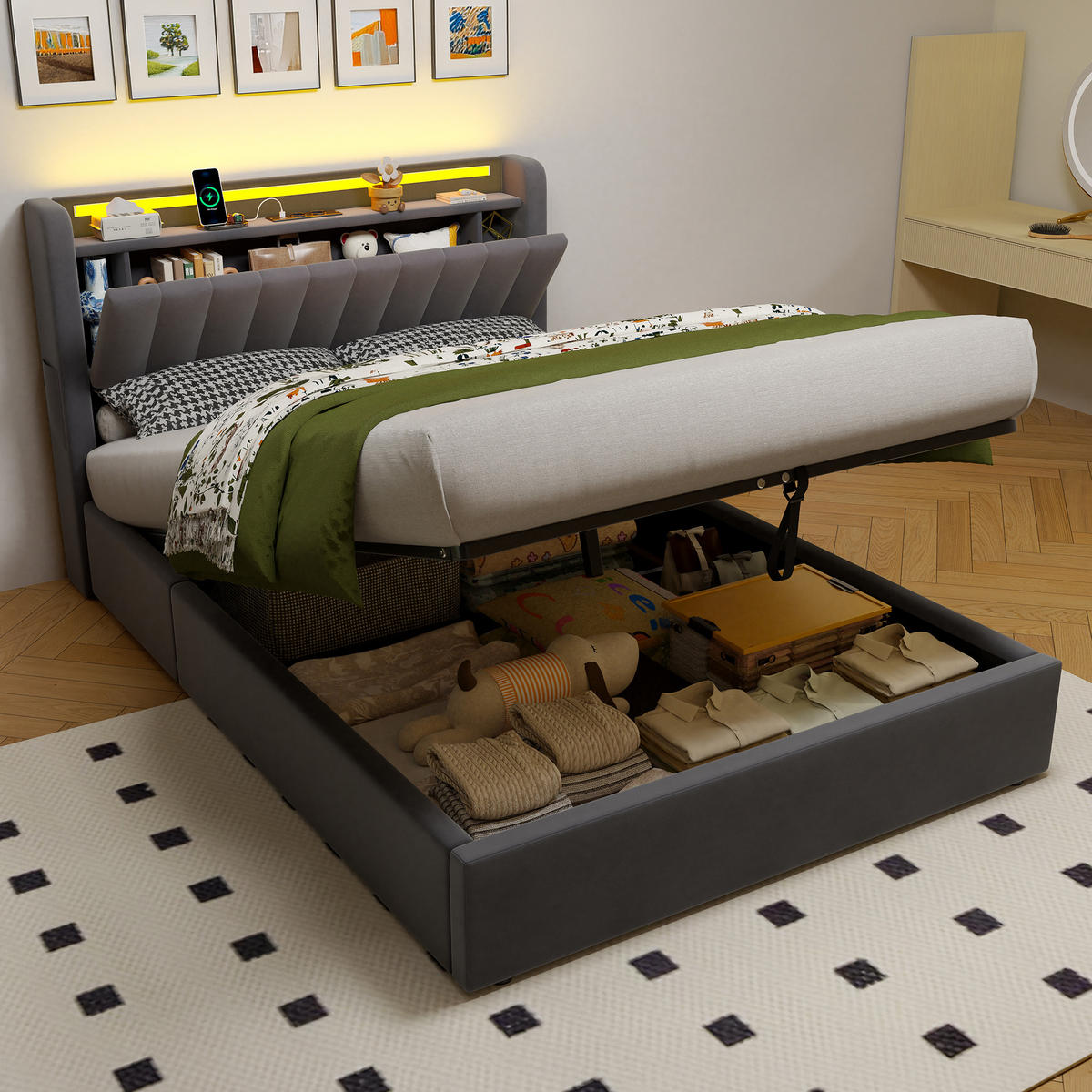 POLSTERBETT 140x190 cm Gepolstert mit Integrierter LED und USB - Grau, Textil (140/190cm) - Modenvie