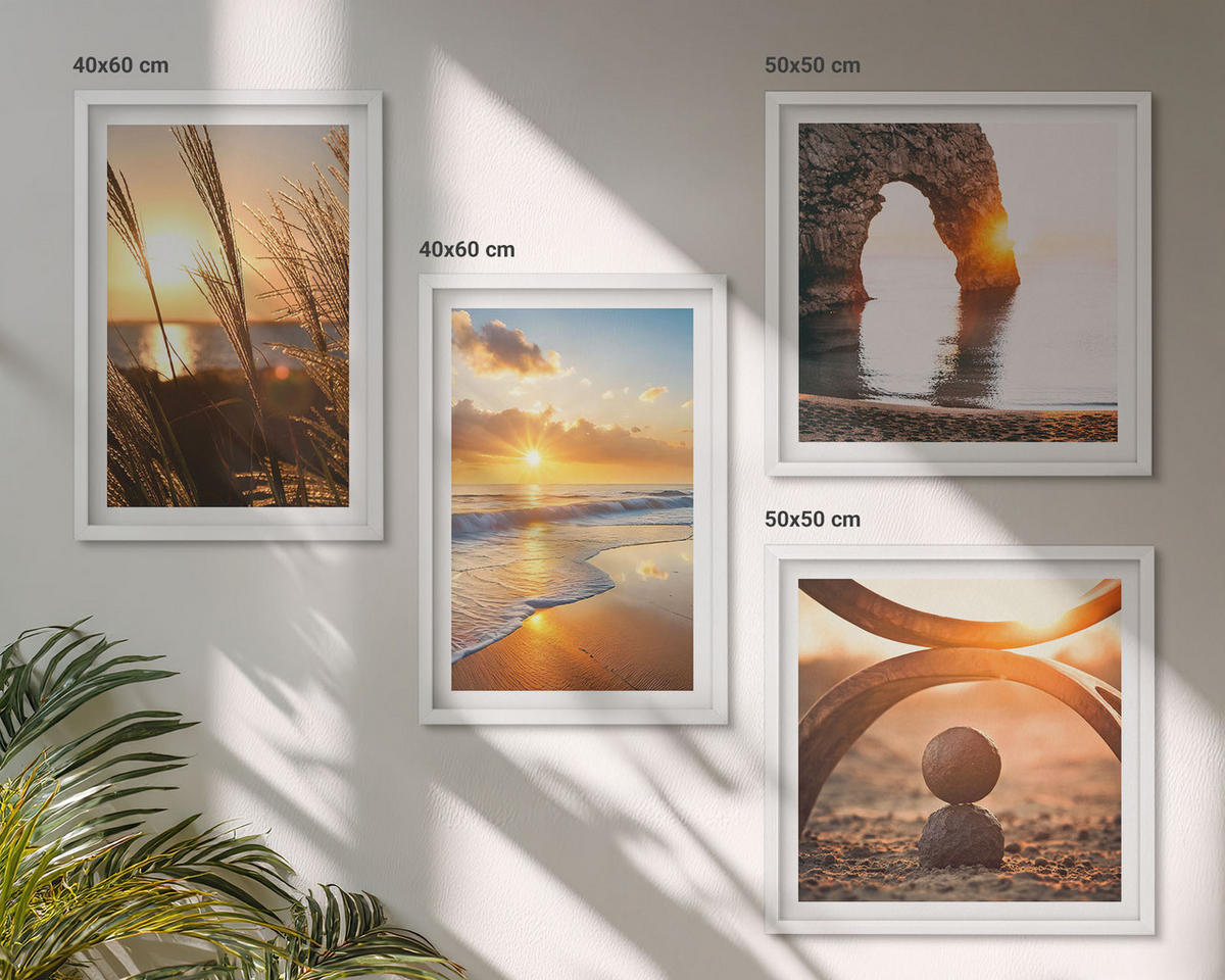 BILDER SET 4er Set - 50x50 cm & 40x60 cm Weißer Rahmen - Ruhige Landschaften am Strand der Sonne - Weiß, Kunststoff (50/50cm) - TULUP