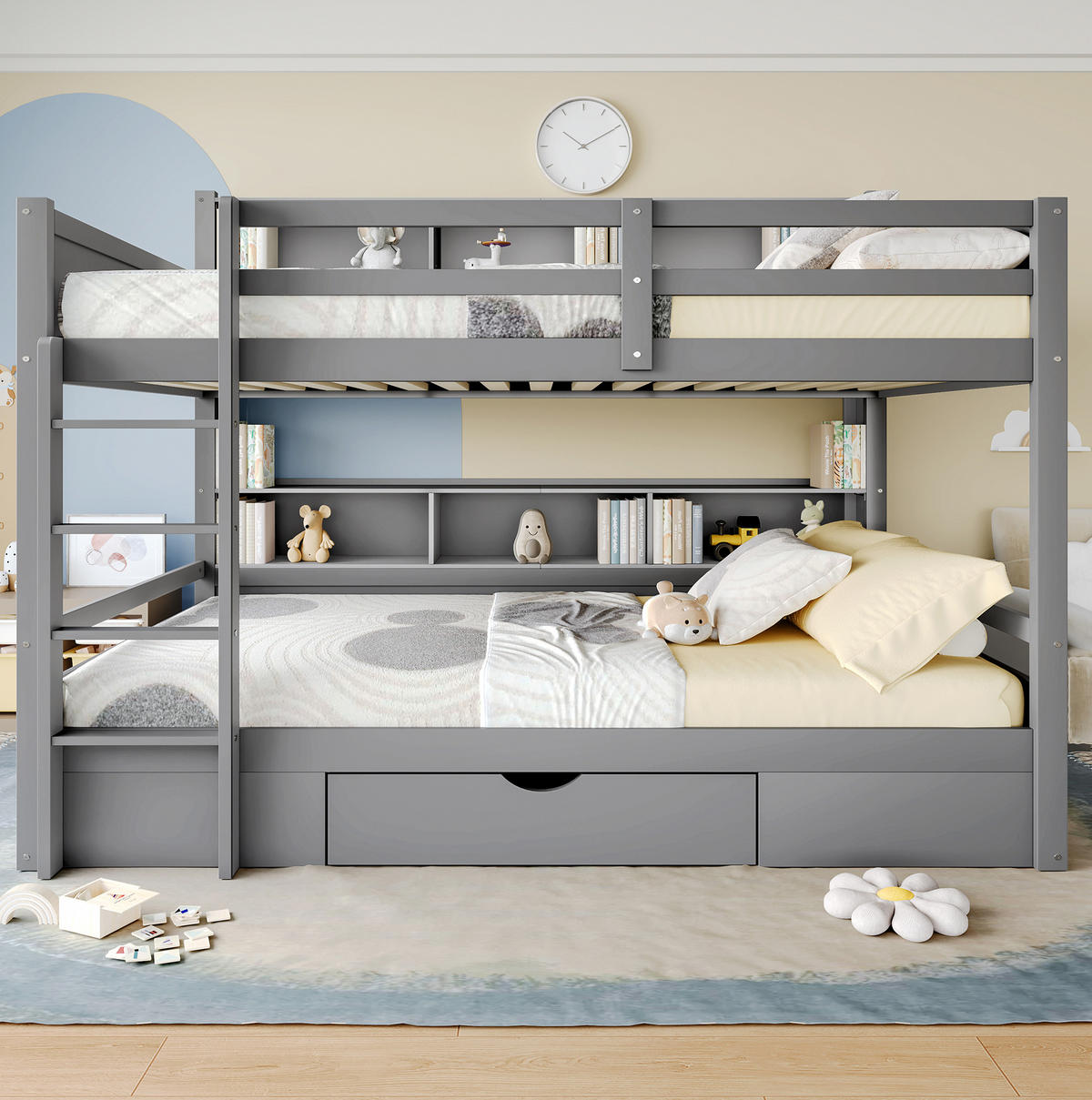 ETAGENBETT 90/200 cm Grau aus Kiefernholz mit Stauraum und Schubladen - Grau, Holz (90/200cm) - OKWISH