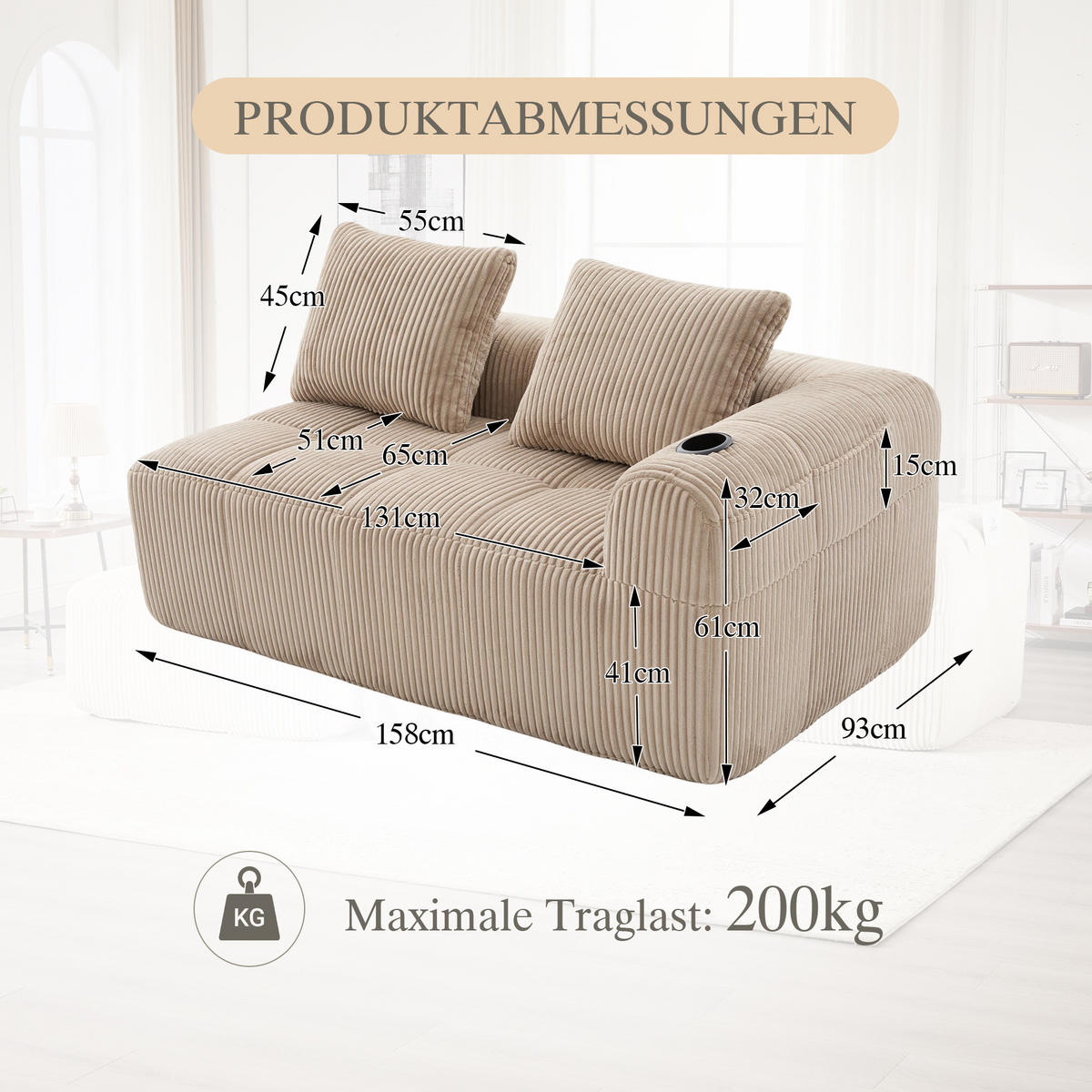 2-SITZER Sofa aus Cord 158x93x61 cm in Beige mit Seitenfächern & Becherhaltern - Beige, Textil (93/61/158cm) - Modfu