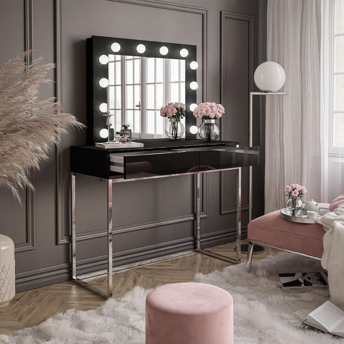 SCHMINKTISCH BLANCO GLAMOUR mit Spiegel und Beleuchtung Schwarz Hochglanz PUSH OPEN - Schwarz Hochglanz/Silberfarben, Holzwerkstoff (100/146/42cm) - Lookway