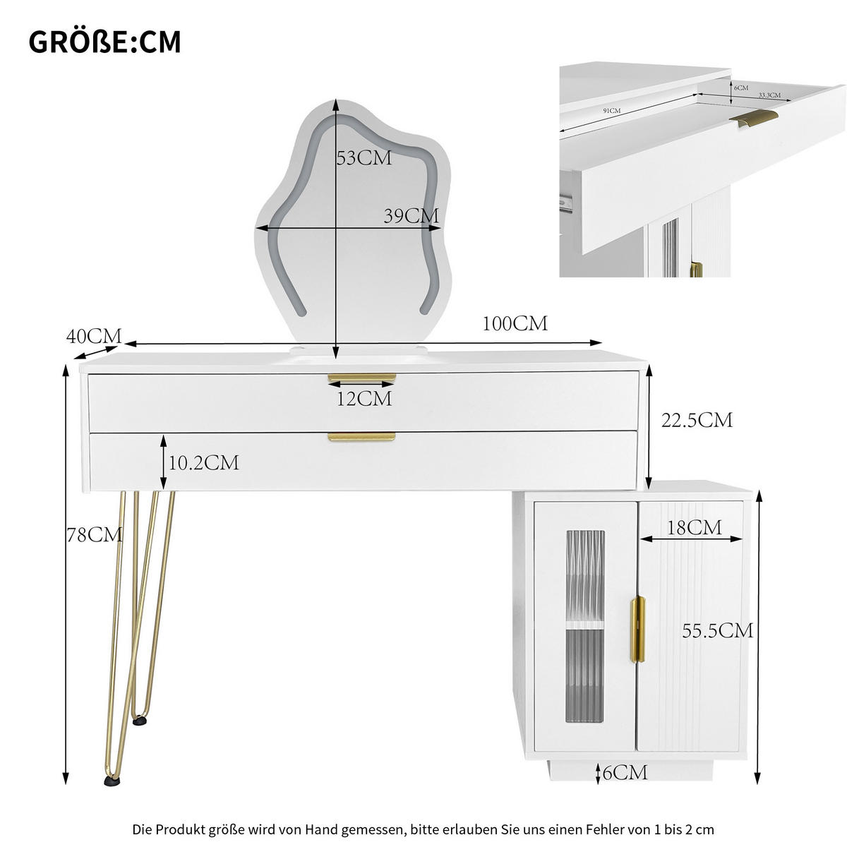 SCHMINKTISCH in Weiß Frisiertisch-Set mit LED Spiegel ausziehbar moderner Kosmetiktisch für Schlafzimmer, B100/T40/H78cm - Goldfarben/Weiß, Holzwerkstoff/Metall (100/131/40cm) - STILVORA