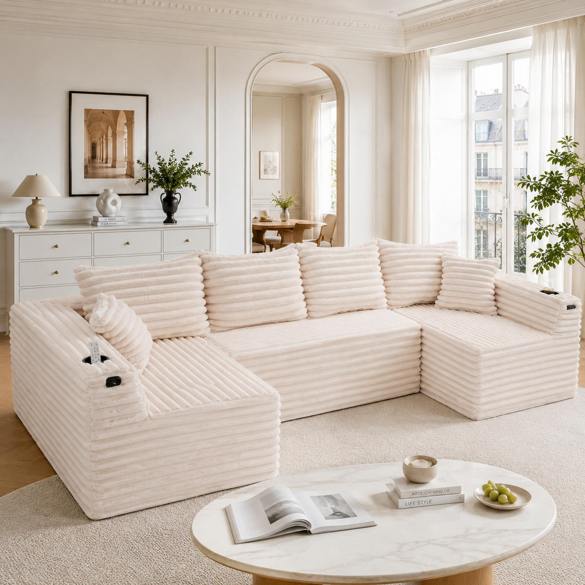 WOHNLANDSCHAFT Beige 320/155/88 cm 6-Sitzer mit Getränkehaltern und Seitentaschen - Beige, Textil (320/88/155cm) - PANGIVO