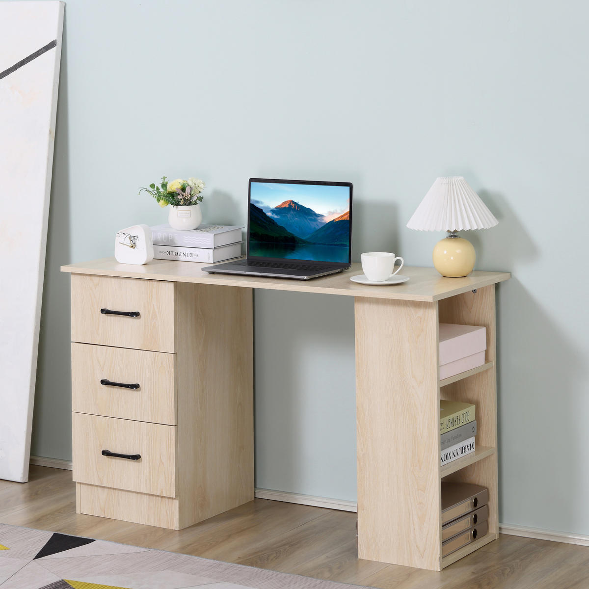 SCHREIBTISCH DE-14868 mit 3 Schubladen & 3 Regalböden Holzoptik - Naturfarben, Holzwerkstoff (120/49/72cm) - ComfortXL