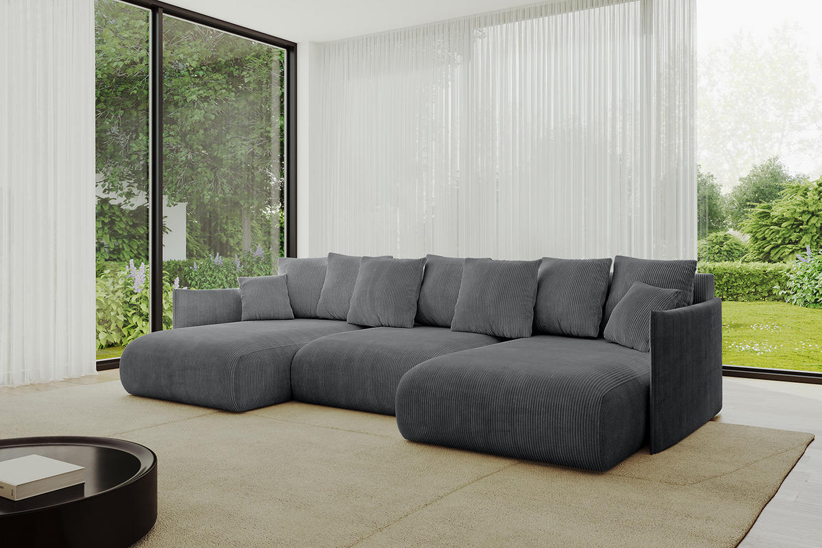 WOHNLANDSCHAFT mit Schlaffunktion und Bettkasten ONESK-U 317x177x72 Dunkelgrau Cord - Dunkelgrau, Holzwerkstoff/Kunststoff (317/72/177cm) - ALTDECOR