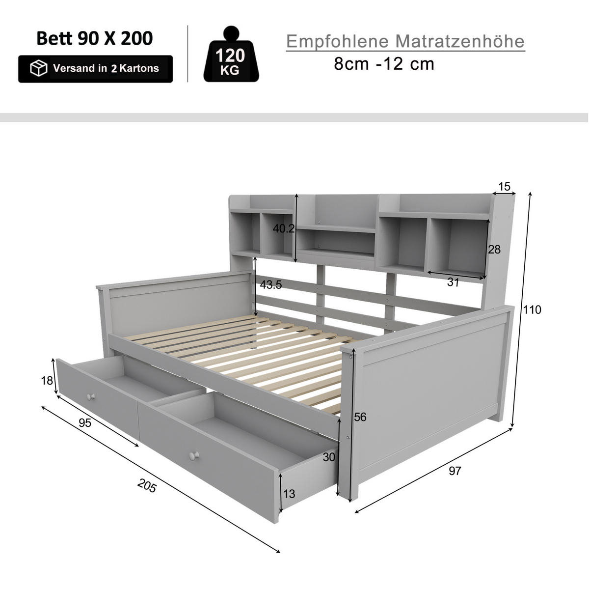 SCHLAFSOFA aus Massivholz 90x200 cm Grau mit Schubladen, Regalfächern und Lattenrost - Grau, Holzwerkstoff (90/200cm) - IVMEU