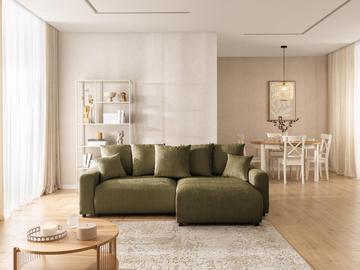 ECKSOFA Calma mit Schlaffunktion und Bettkasten im Bumpy-Design aus weichem Grün Chenille-Stoff - Ottomane rechts - Beige/Schwarz, Holz/Kunststoff (239/140cm) - S-Style Möbel