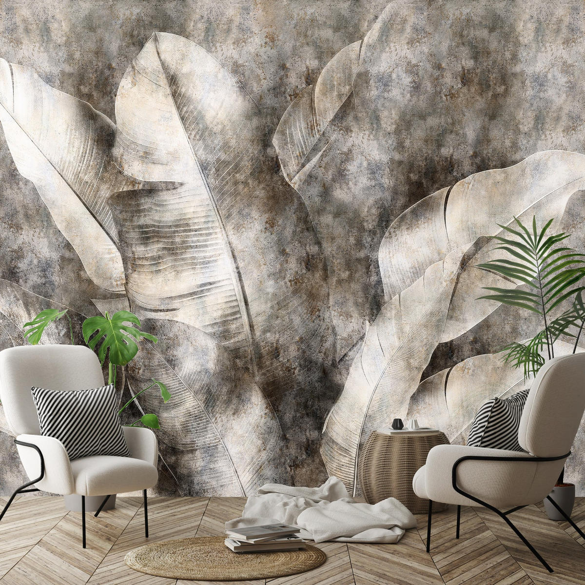 FOTOTAPETE Blätter Natur Grau Vlies Tapete Wohnzimmer 150x105 - Multicolor, Papier (150/105cm) - Wallarena