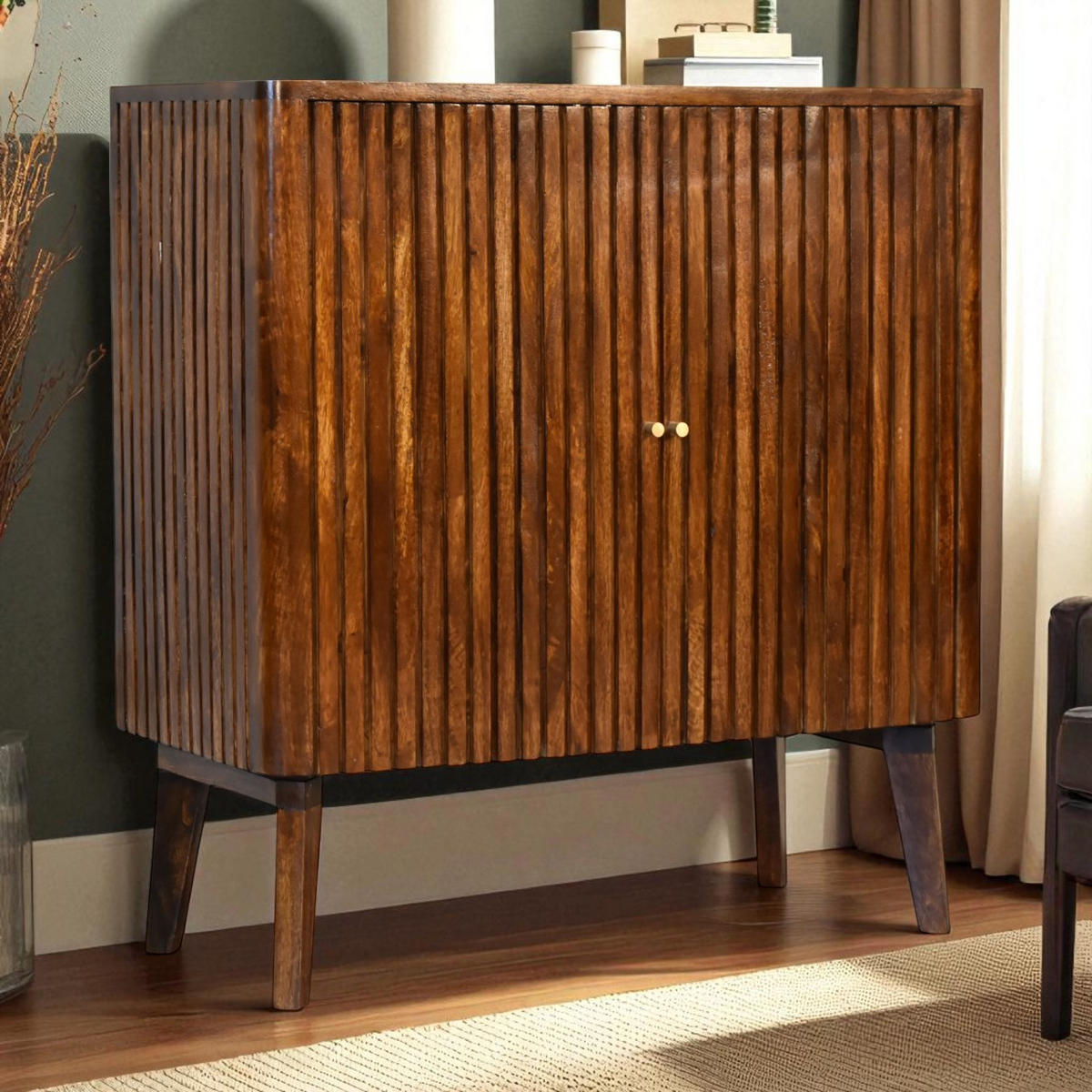 SCHRANK mit 2 Türen, 2 Regale, Nordische Beine, Braun - Messingfarben/Braun, Holz/Metall (75/80/35cm) - Artisan Furniture