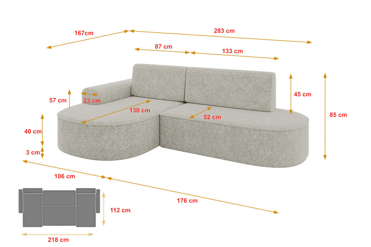 ECKSOFA mit Schlaffunktion und Bettkasten Ottomane Rechts MARI-L1-S - 283x167x85 cm Beige Tissu - Beige/Schwarz, Holzwerkstoff/Kunststoff (167/283cm) - ALTDECOR