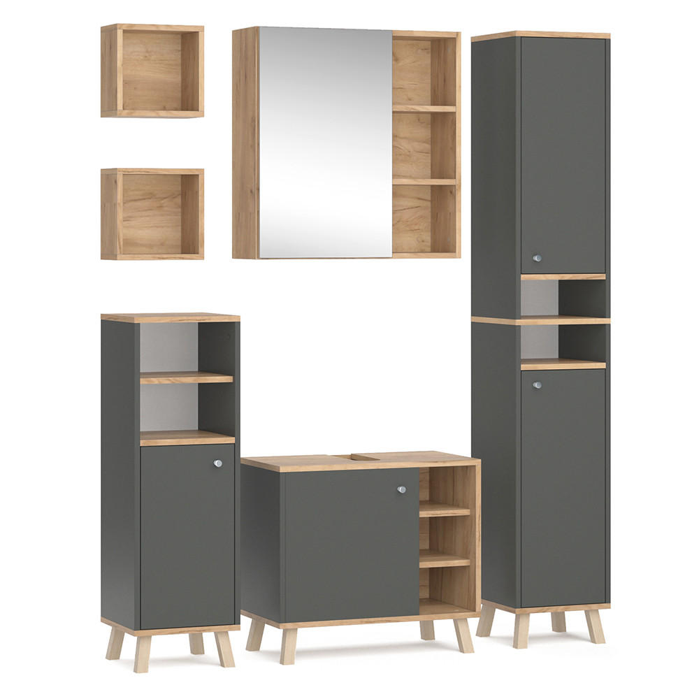 BADMÖBEL-SET Senyo Anthrazit 5 Teile, mit Hochschrank - Honigeiche/Anthrazit, Holzwerkstoff (62/54/32cm) - Vicco