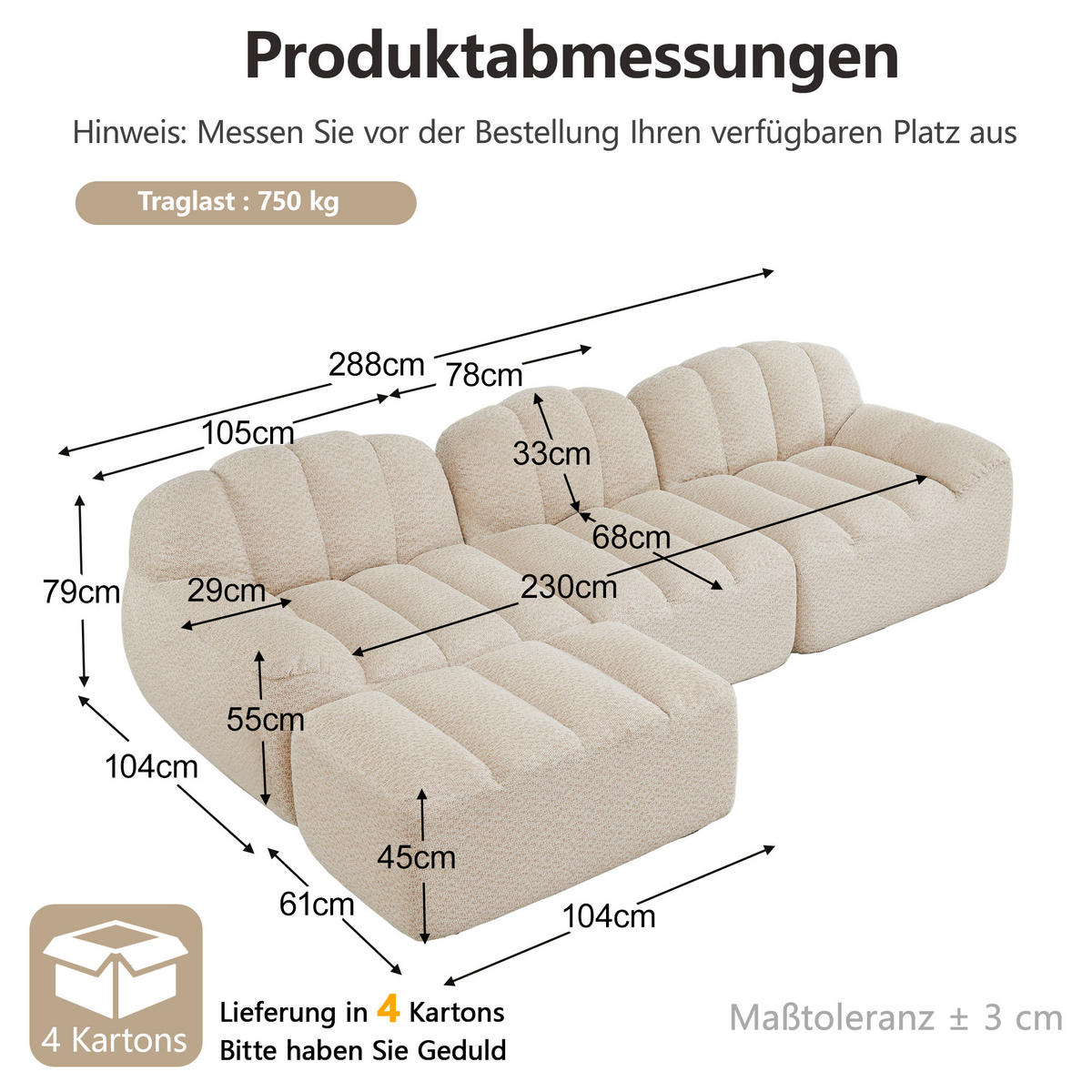 ECKSOFA 288/165/79 cm Cremefarben Granulatvlies mit 1 Fußhocker - Beige, Textil (288/165cm) - Oxeza