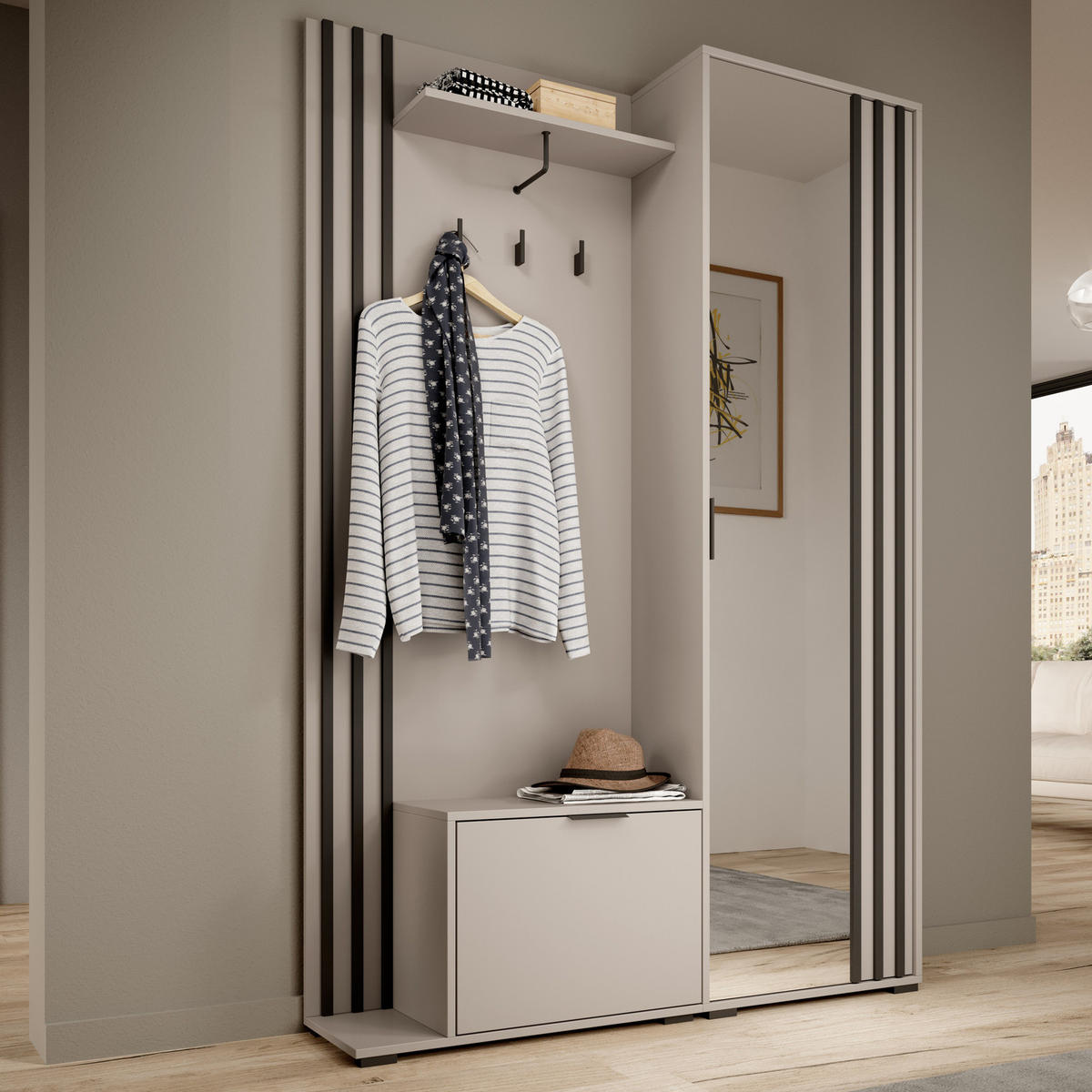 GARDEROBE STILO 131 cm (Kaschmir, Schwarze Lamellen, Spiegel, Metallgriffe) - Kaschmir/Schwarz, Holz/Holzwerkstoff (131/192/40cm) - Ravio