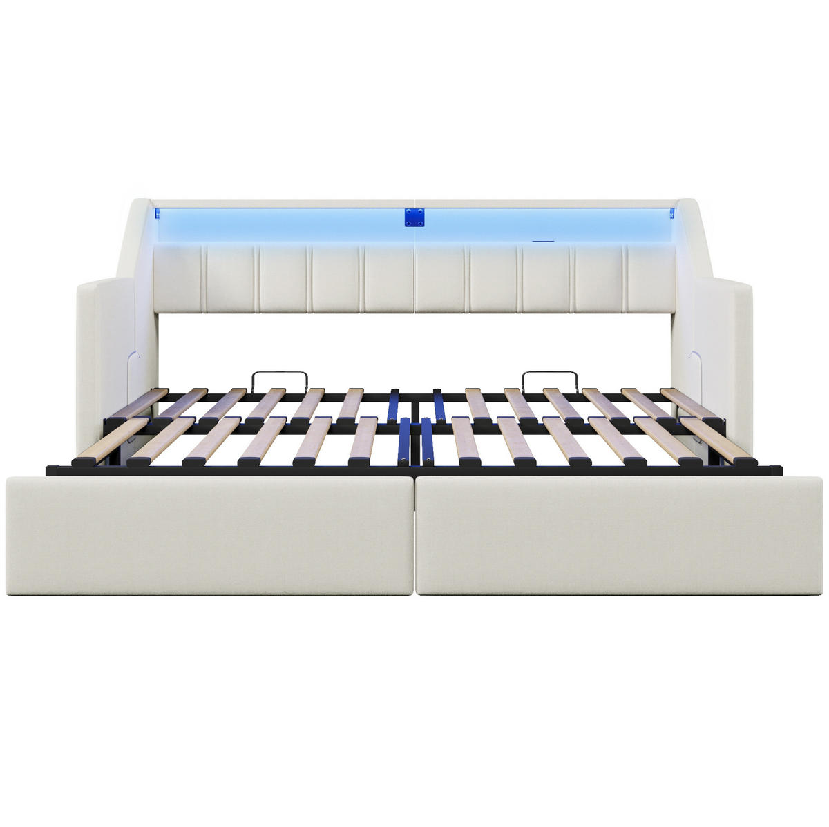 BETT aus Leinen 90x200 cm Beige mit USB, Typ-C, LED-Leiste und Ausziehfunktion - Beige, Textil (90/200cm) - Modfu