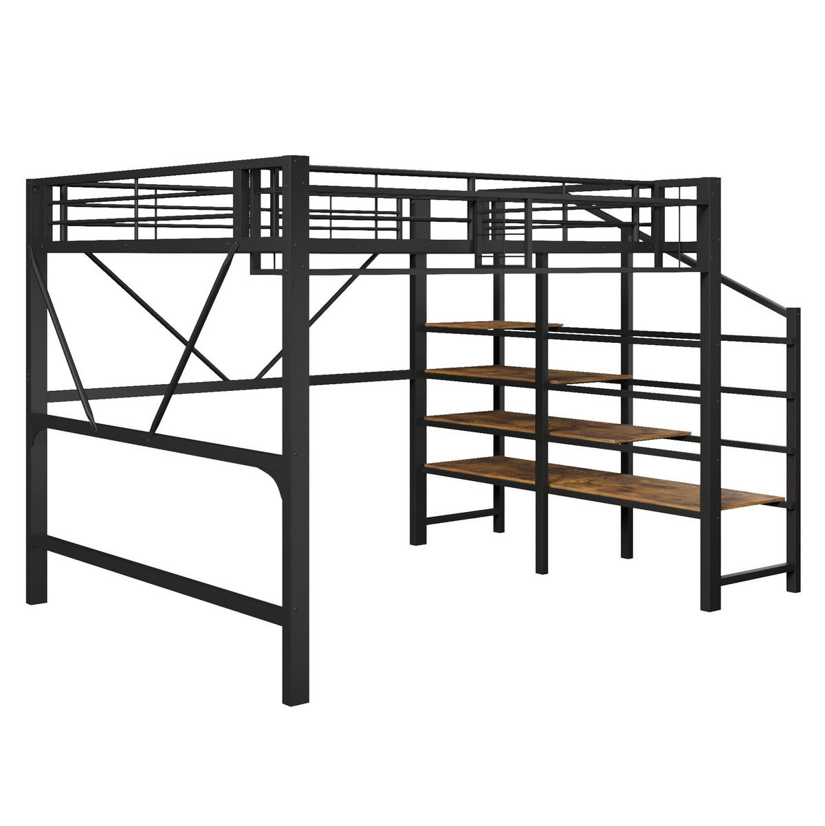 HOCHBETT 140/200 cm Schwarz aus Metall mit LED und Ablageregal ohne Matratze - Schwarz, Metall (140/200cm) - MIVRAY