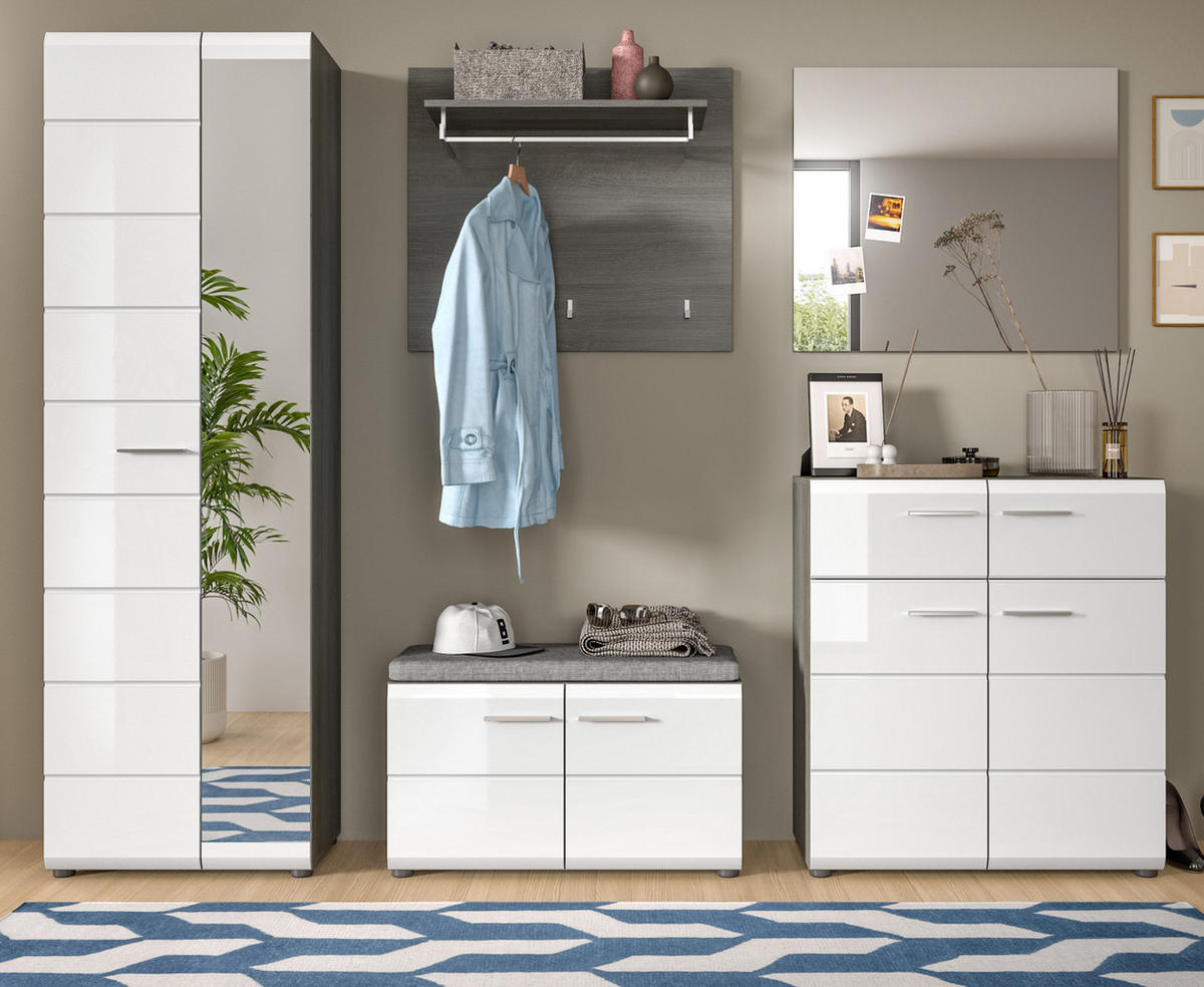 GARDEROBE Set 5-teilig weiß Hochglanz, grau 250 cm, Komplettset mit viel Stauraum - Weiß Hochglanz/Silberfarben, Glas/Holzwerkstoff (250/192/37cm) - Inn.Furn