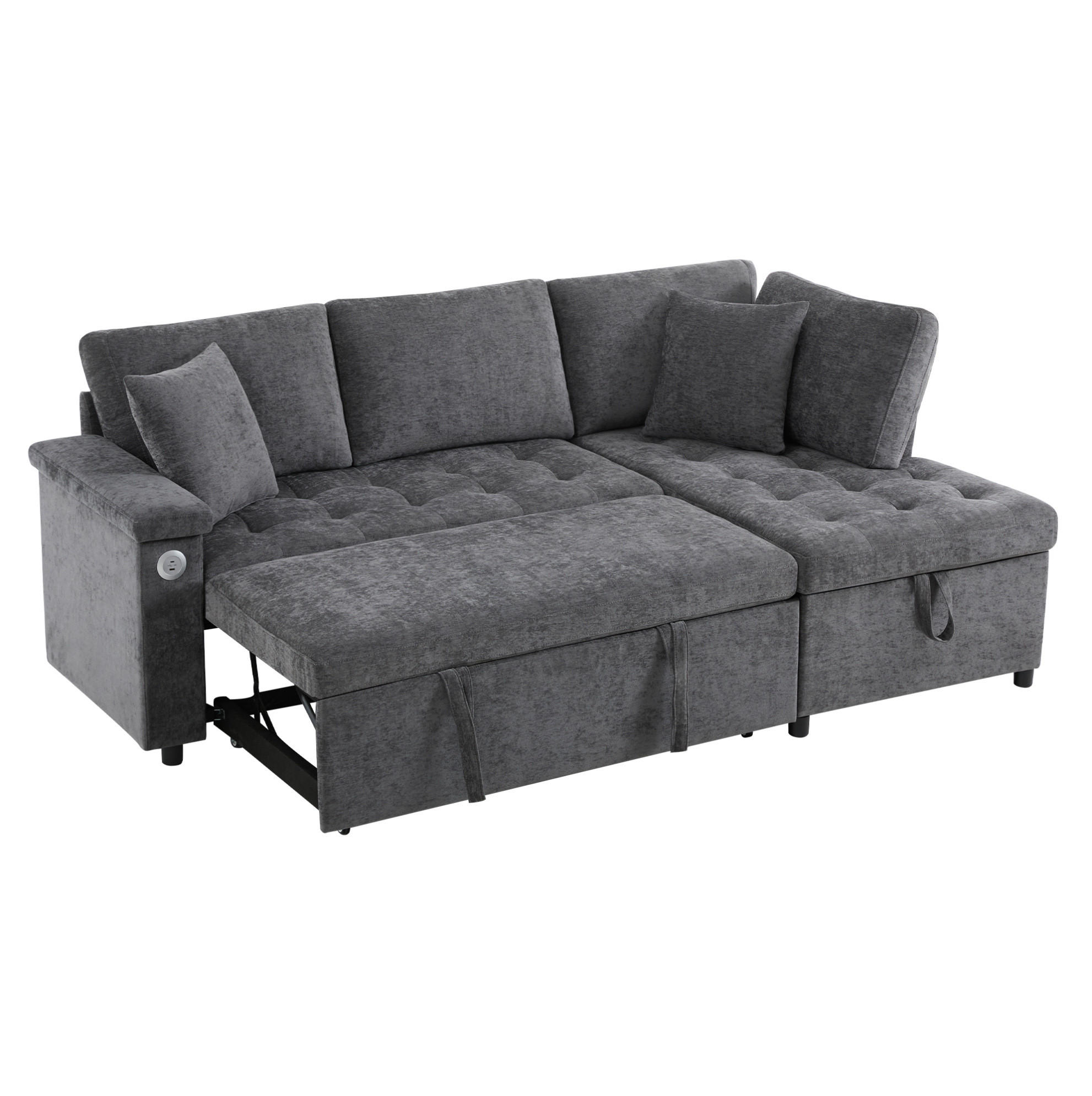 Redom ROZKLÁDACÍ rohová pohovka 209/130/84 cm s úložným prostorem, USB portem, držákem na nápoje a 2 polštáři, Tmavě šedá