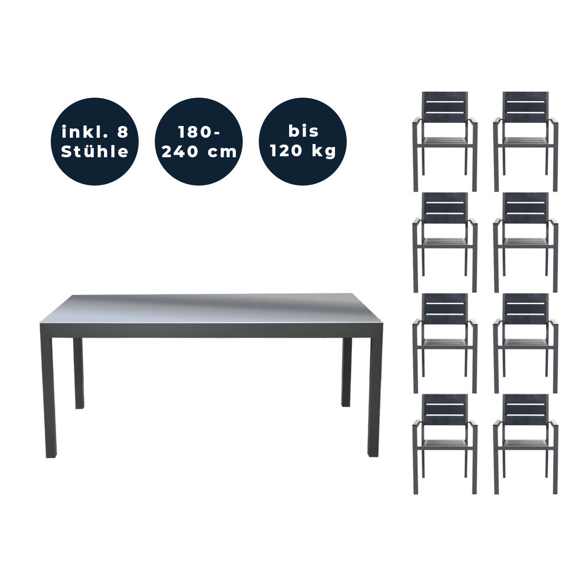 SITZGRUPPE SOL MADERA - 9 tlg. - Anthrazit/Hellgrau, Metall - Home Deluxe