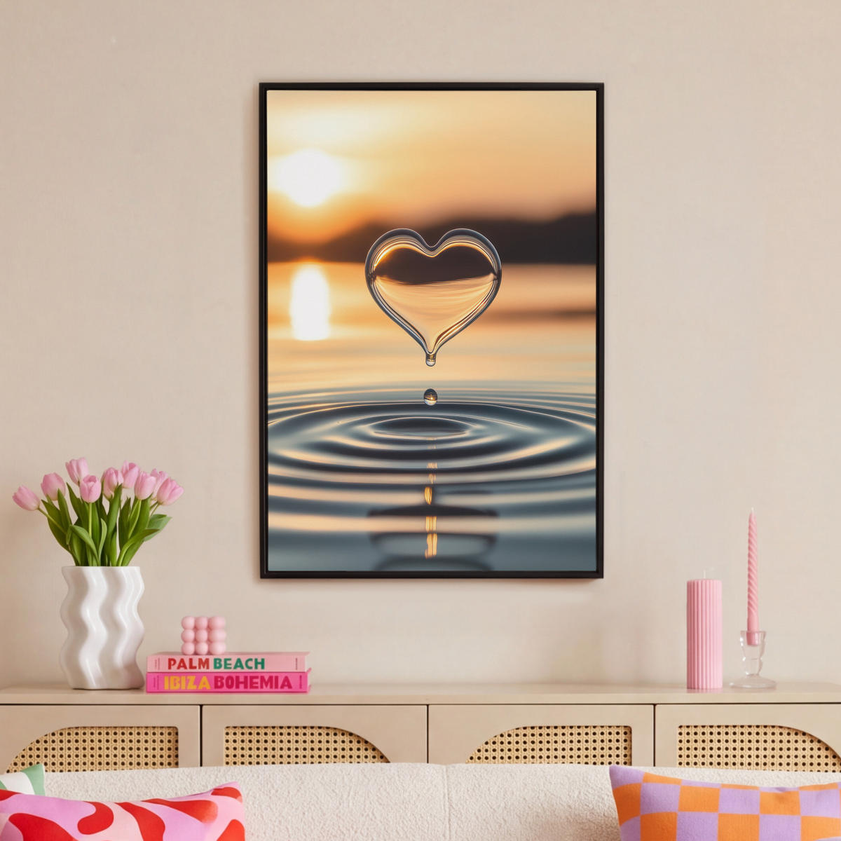LEINWAND Bilder mit Rahmen - Herz - Wasser - Sonnenuntergang - Natur - Zen - 60x90 - Bernsteinfarben, Textil (60/90cm) - MuchoWow