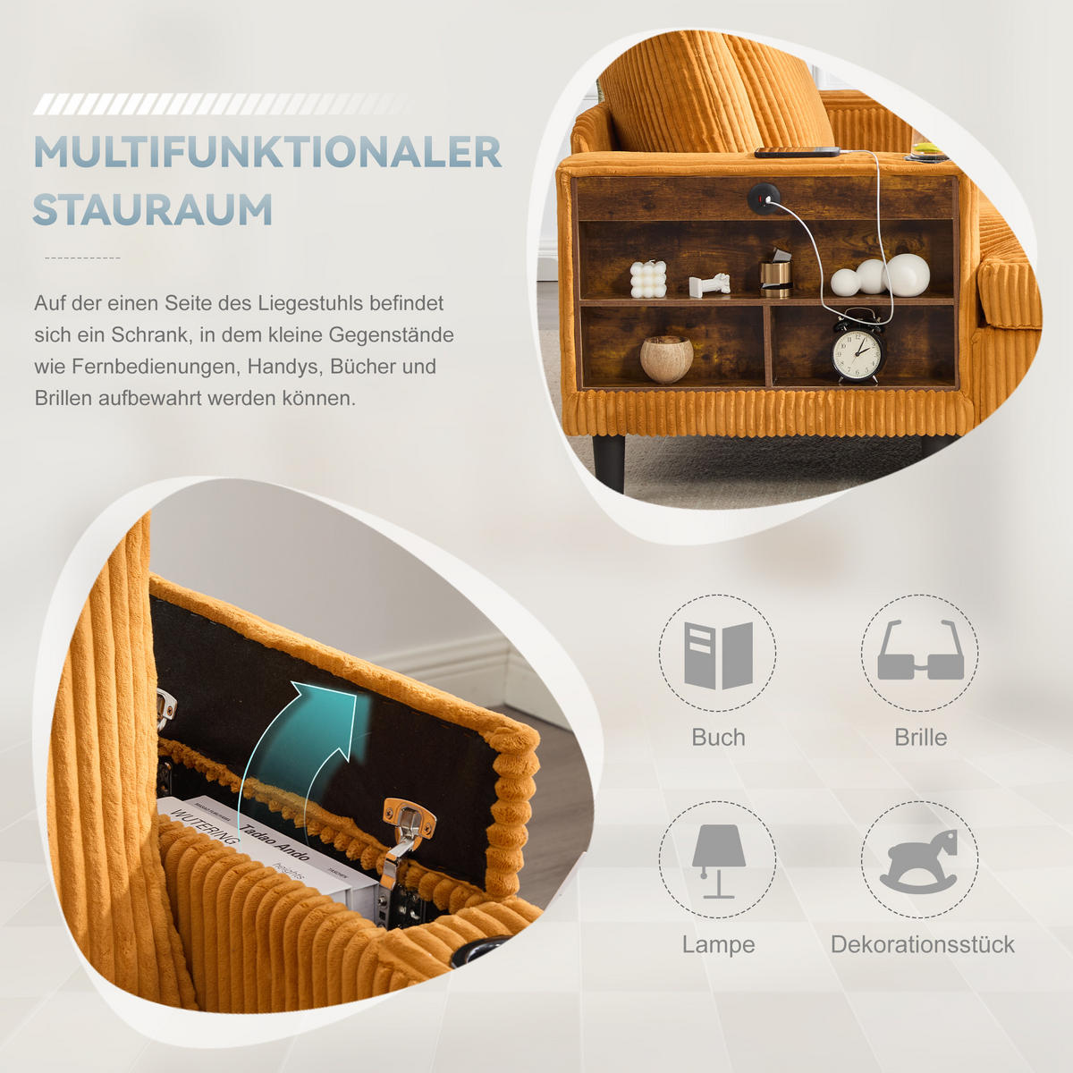 CHAISELONGUE Cord Senfgelb mit LED, USB, Stauraum und mit 3 Kissen - Orange, Kunststoff/Textil (129/70/170cm) - WISHDOR