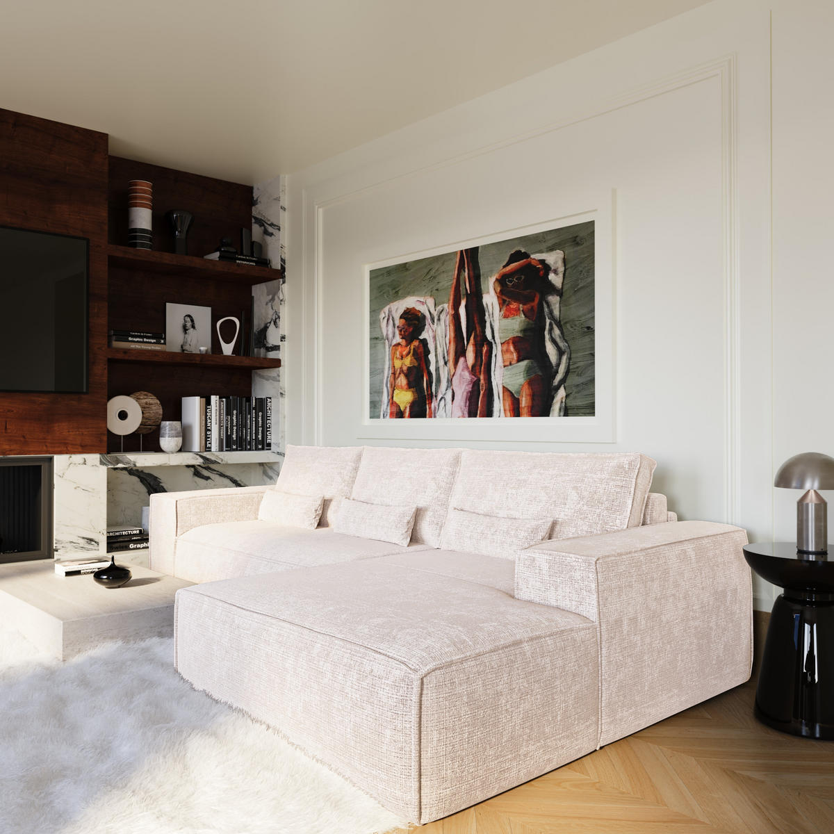 ECKSOFA rechtwinklig JUNE Geprägter Samt Creme 320cm - Creme, Textil (320/165cm) - Premium Interiors