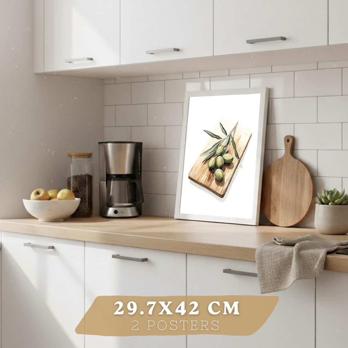 PLAKAT Sada 2 Vintage olivy A3 Bílý rám - bílá, papír (29.7/1/42cm) - Nacnic
