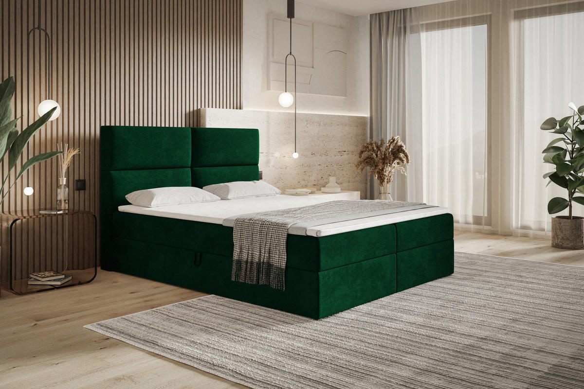 BOXBETT LIZBONA mit 2 Bettkästen, 180x200, Farbe: Grau, Velourstoff, Doppelbett mit Bonell-Matratze - Grau, Holz/Kunststoff (180/200cm) - Alpi-Möbel