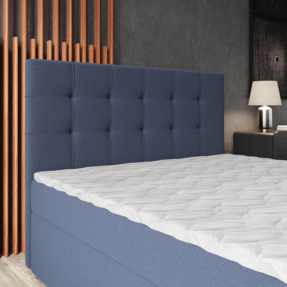 BOXBETT PALMA 140x200 cm mit Matratze und Topper, H2+H3 - Blau - Blau, Holz (140/200cm) - MASSENO