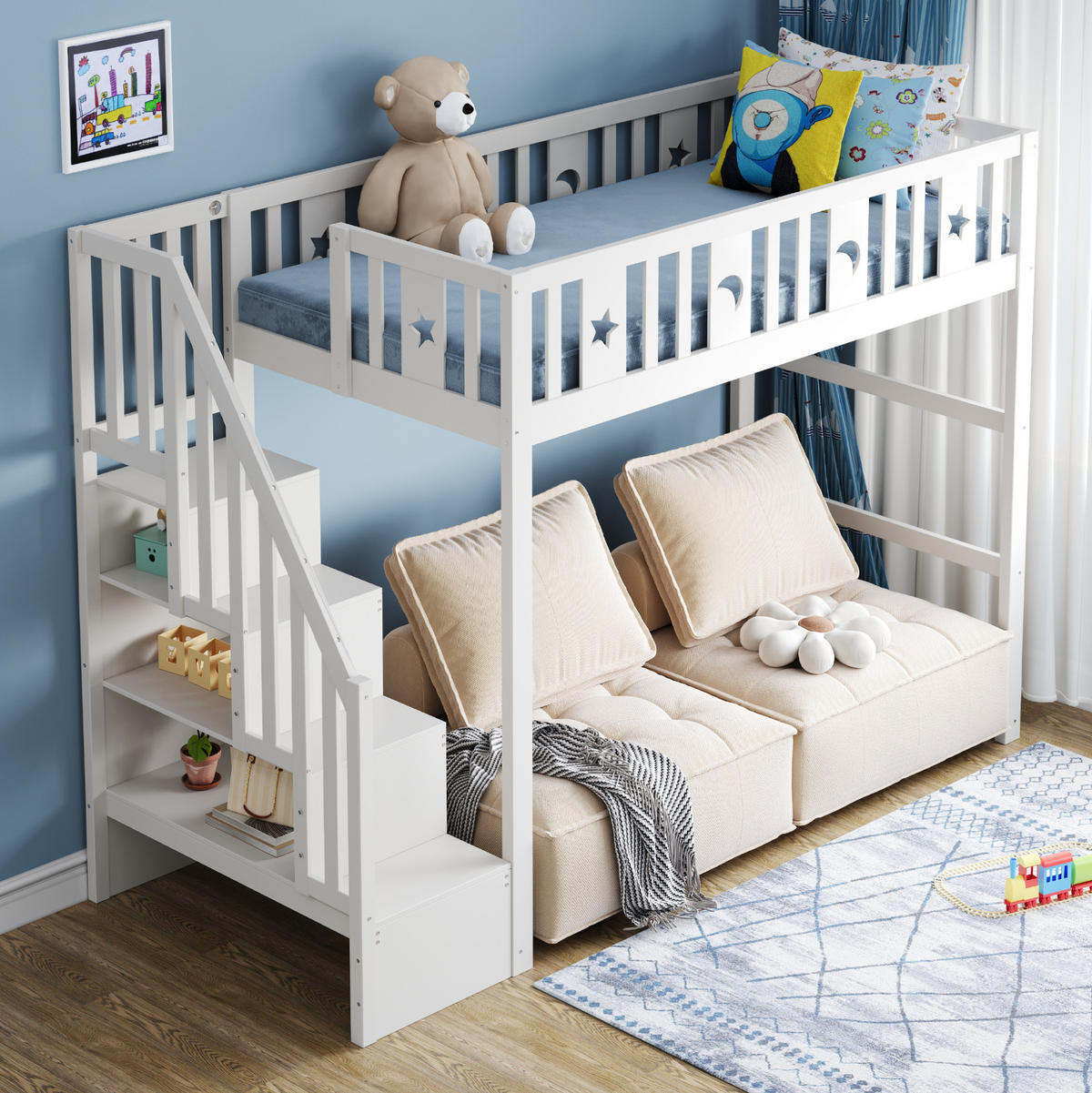 HOCHBETT 90/200 cm mit Treppe, Regalen und Sofabereich, Weiß - Weiß, Holzwerkstoff (90/200cm) - Redom