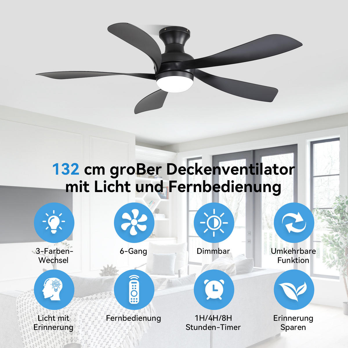 DECKENVENTILATOR 132cm LED Licht 5 ABS Flügel Timer Fernbedienung - Schwarz, Kunststoff (132/132/30.5cm) - CASIVA