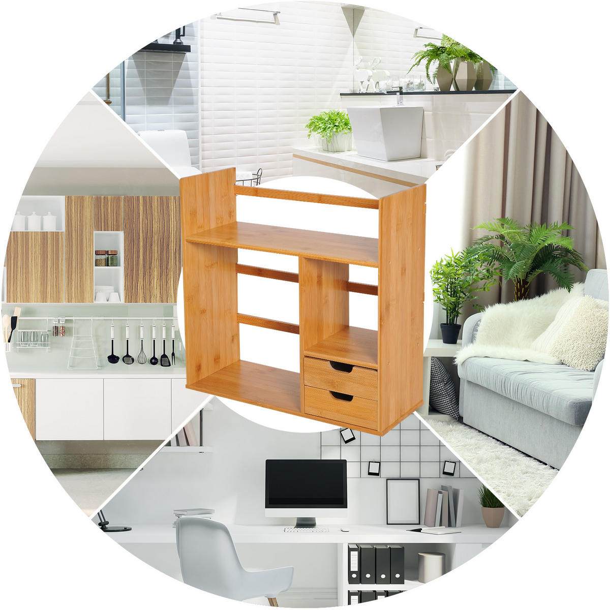 REGAL DE-16658 3 Ebenen, 2 Schubladen Bambus Natur - Braun, Holzwerkstoff (20/46/48cm) - ComfortXL