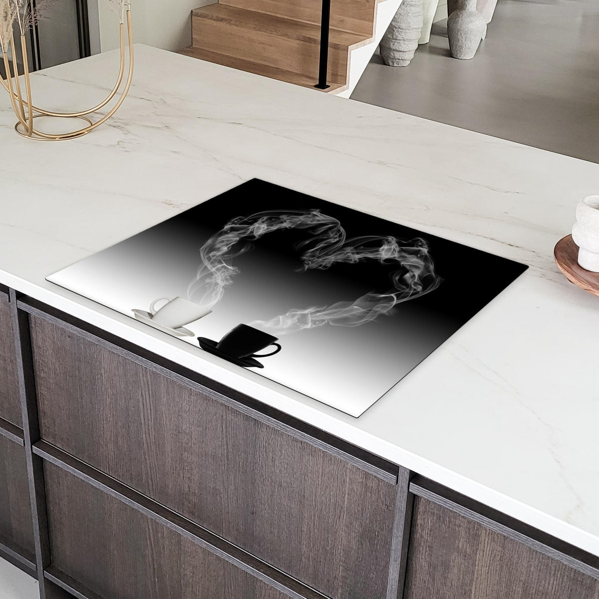 HERDABDECKPLATTE Kaffee - Herz - Schwarz und weiß - Tassen Induktionsmatte 77x59 cm - Weiß, Kunststoff (77/59/0.2cm) - MuchoWow